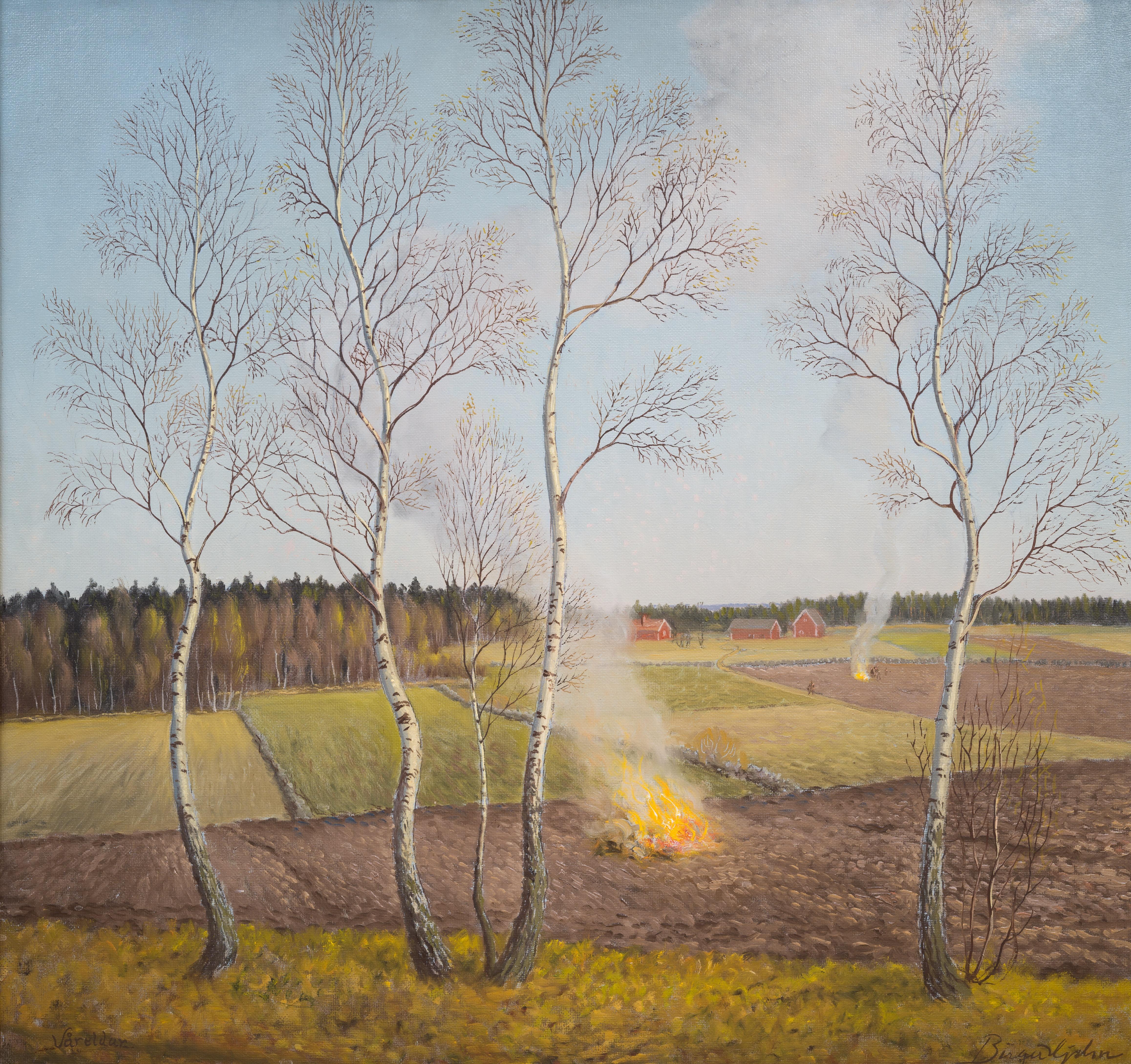 Birger Hjelm - Våreldar ("Frühlingsbrände"), ca. 1935-1938

Öl auf Leinwand
ungerahmt 80 x 84,5 cm (31 ½ x 33 ¼ Zoll)
gerahmt 82 x 87 cm (32 ¼ x 34 ¼ in)
Signiert "Birger Hjelm" unten rechts; betitelt "Våreldar" unten links.

Våreldar