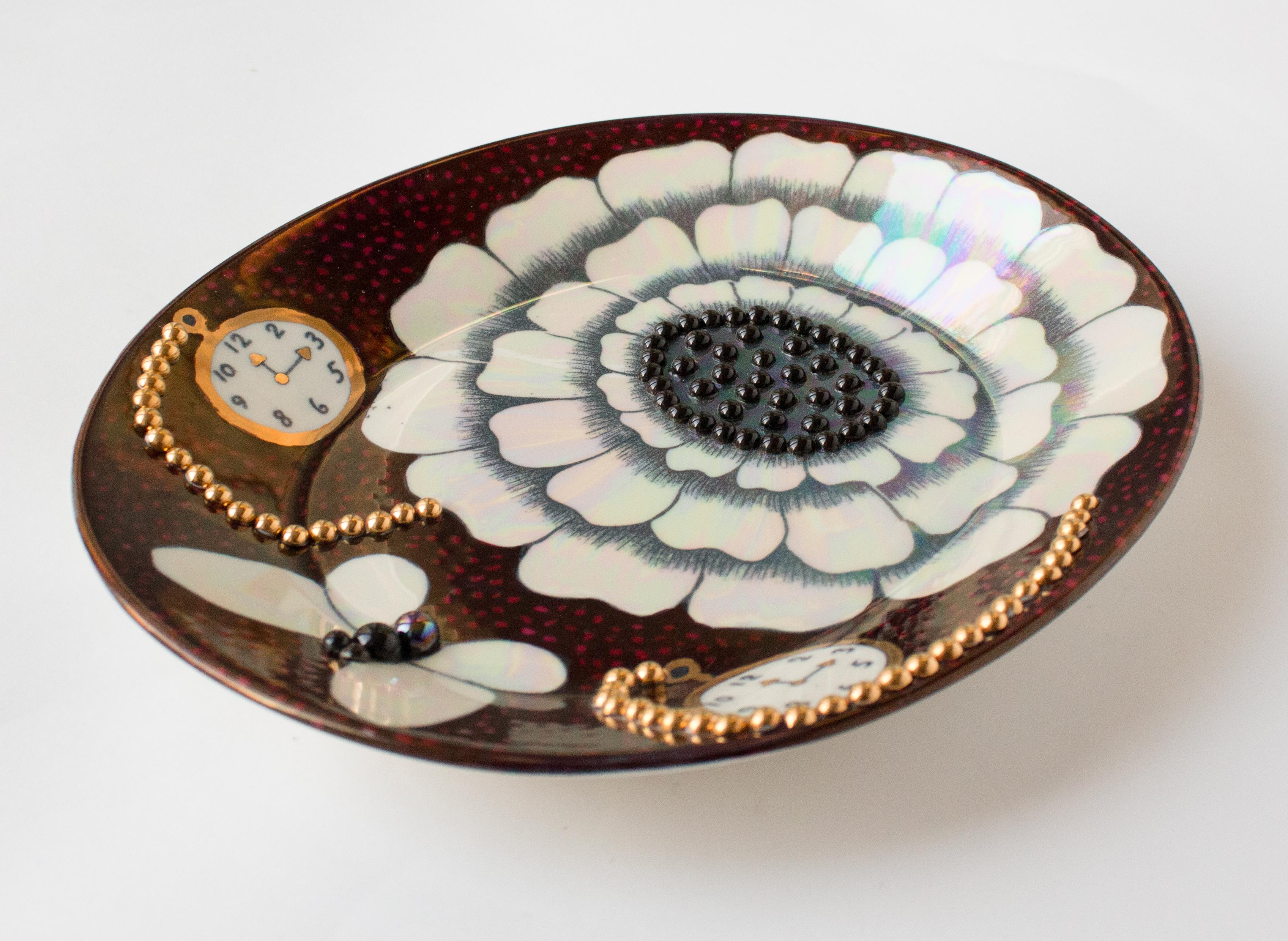 Hand-Painted Birger Kaipiainen Ceramic Plate with Flower and Beaded Detailing Rörstrand For Sale