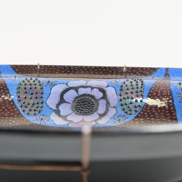 Birger Kaipiainen, Very Large Ceramic Plate, Red Blue with Beeds