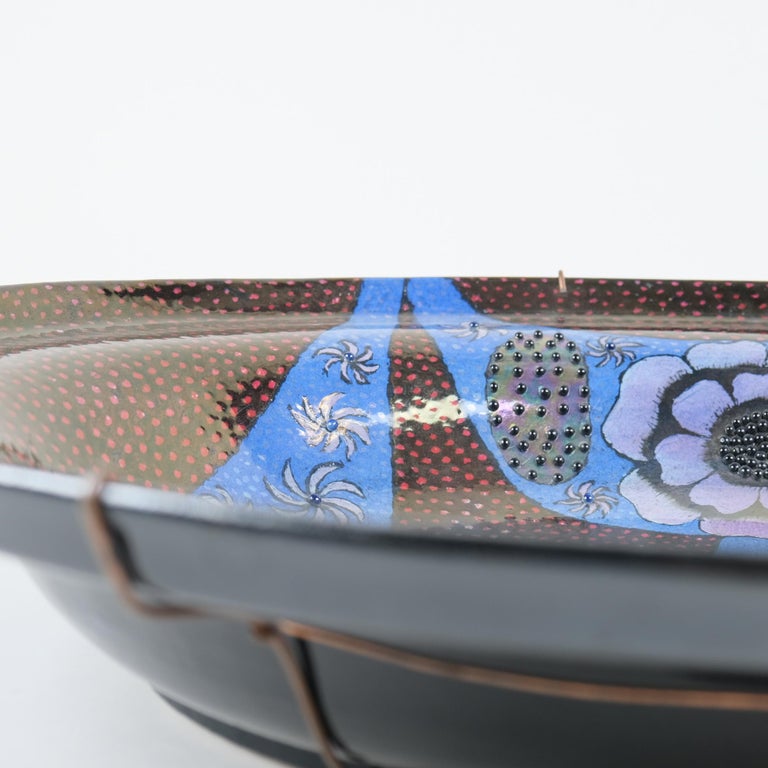 Birger Kaipiainen, Very Large Ceramic Plate, Red Blue with Beeds