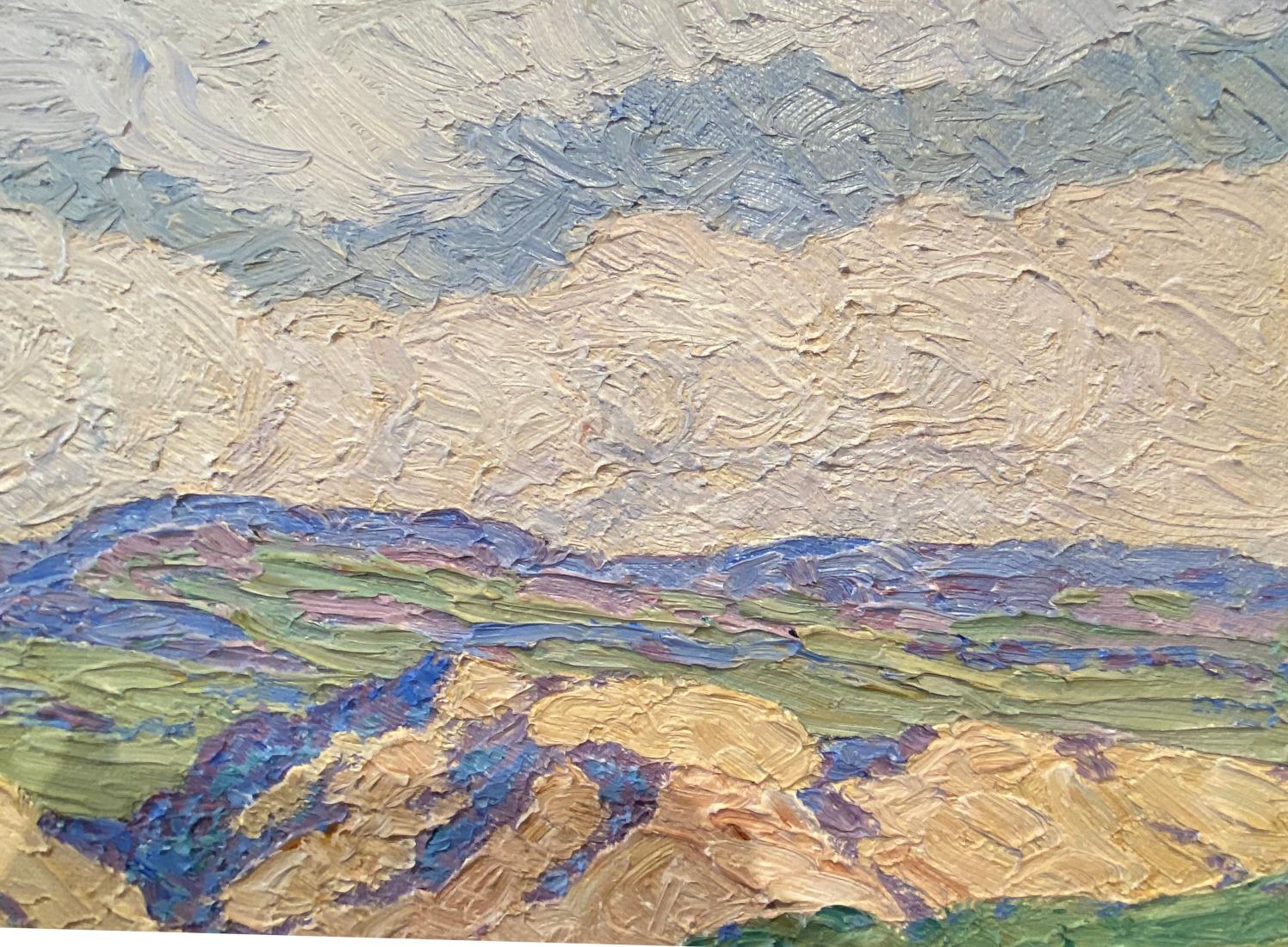 Birger Sandzen 
(1871-1954)
Artistics Kansas / Colorado
Taille de l'image : 40,5 x 48
Taille du cadre : 49.5 x 57 Cadre en feuille d'or sculpté à la main.
Médium : Huile
