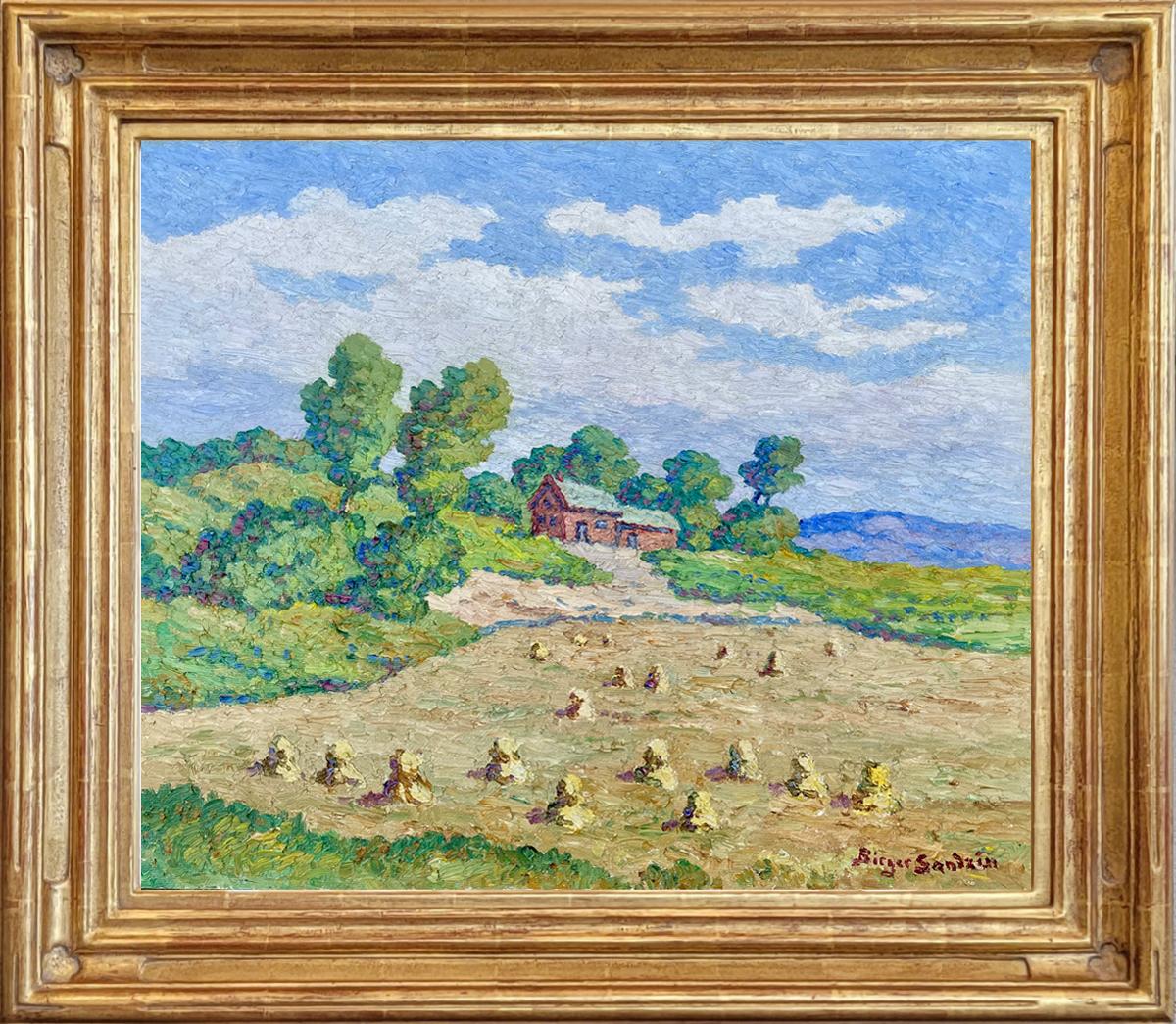 Smoky Valley Farm, Lindsborg Kansas 1949 Oil on Panel Hay Shocks Farmhouse Trees - Post-Impressionist Painting by Birger Sandzen