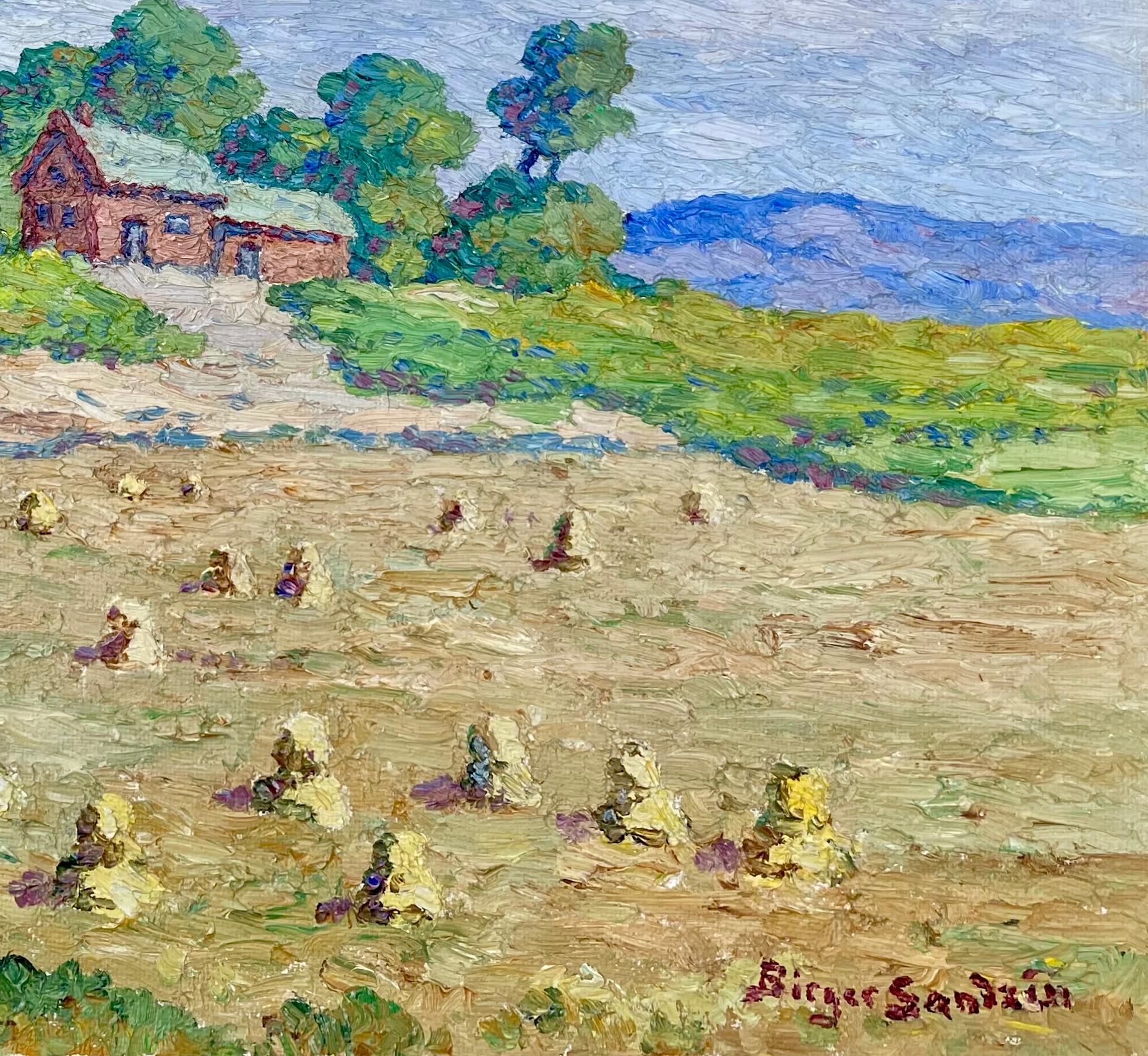 Birger Sandzen, Smoky Valley Farm Lindsborg Kansas 1949 Oil Hay Shocks Farmhouse 3