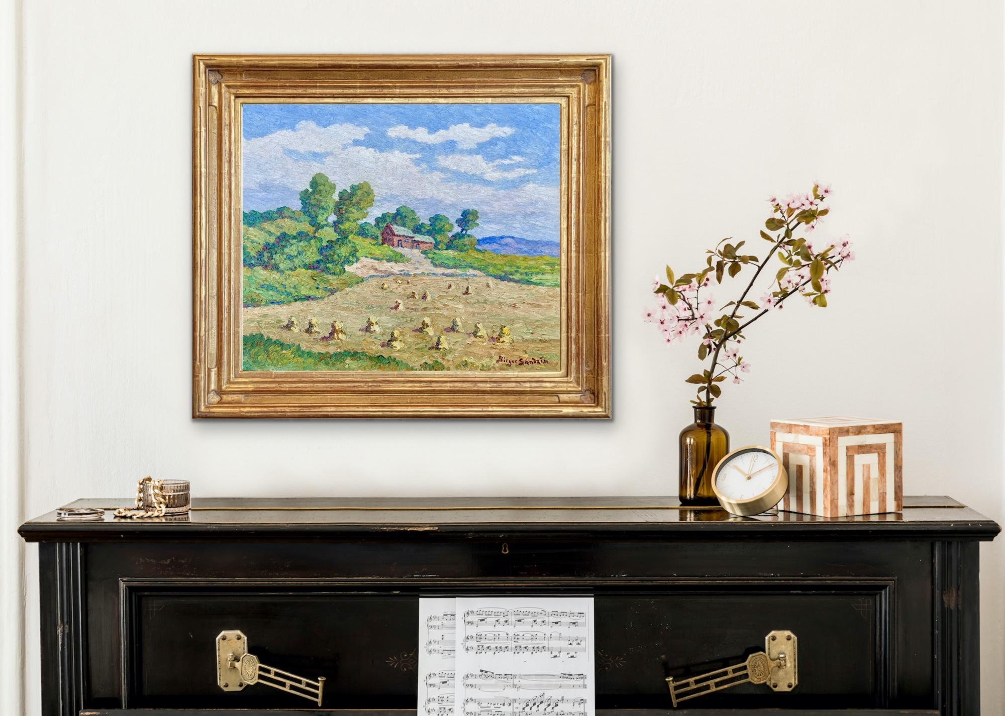 Birger Sandzen, Smoky Valley Farm Lindsborg Kansas 1949 Oil Hay Shocks Farmhouse 8