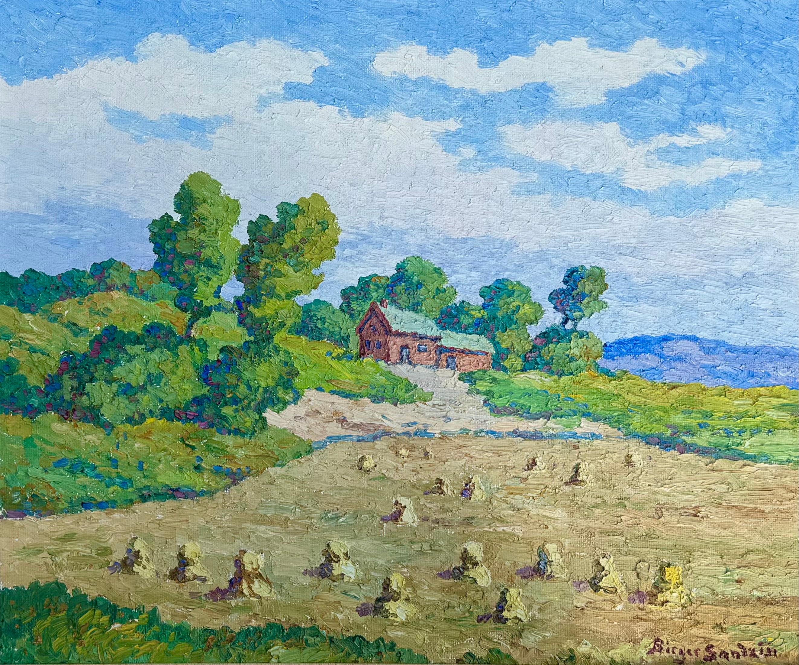 Smoky Valley Farm, Lindsborg Kansas 1949 Oil on Panel Hay Shocks Farmhouse Trees - Painting by Birger Sandzen