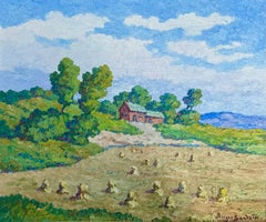 Smoky Valley Farm, Lindsborg Kansas, 1949, Öl auf Tafel, Hay Shocks, Bauernhausbäume