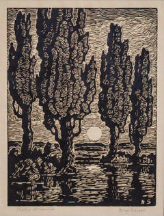 Vintage Original Birger Sandzen Woodcut titled "Poplars at Moonrise"
