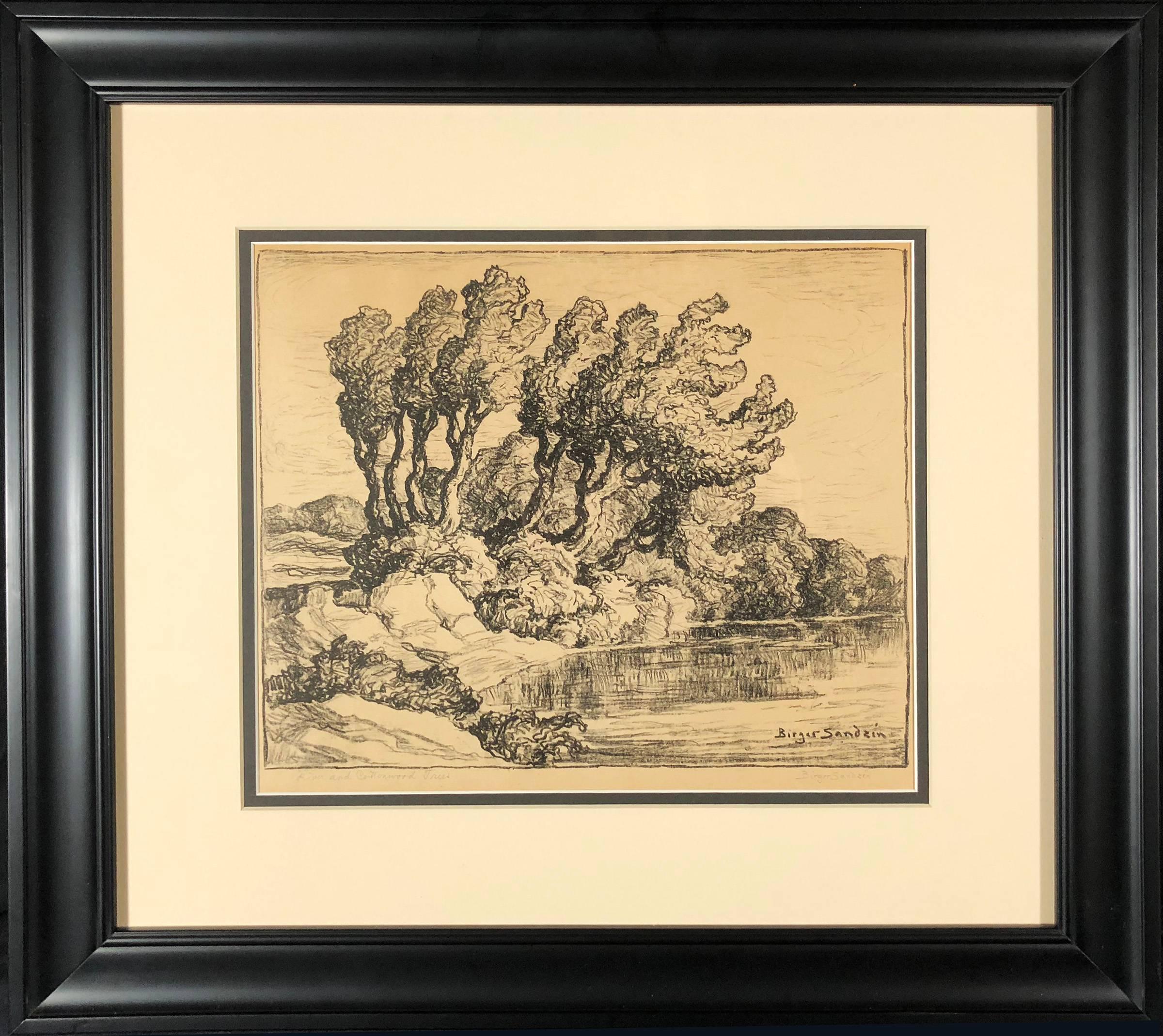 River and Cottonwood Trees - Print by Birger Sandzen