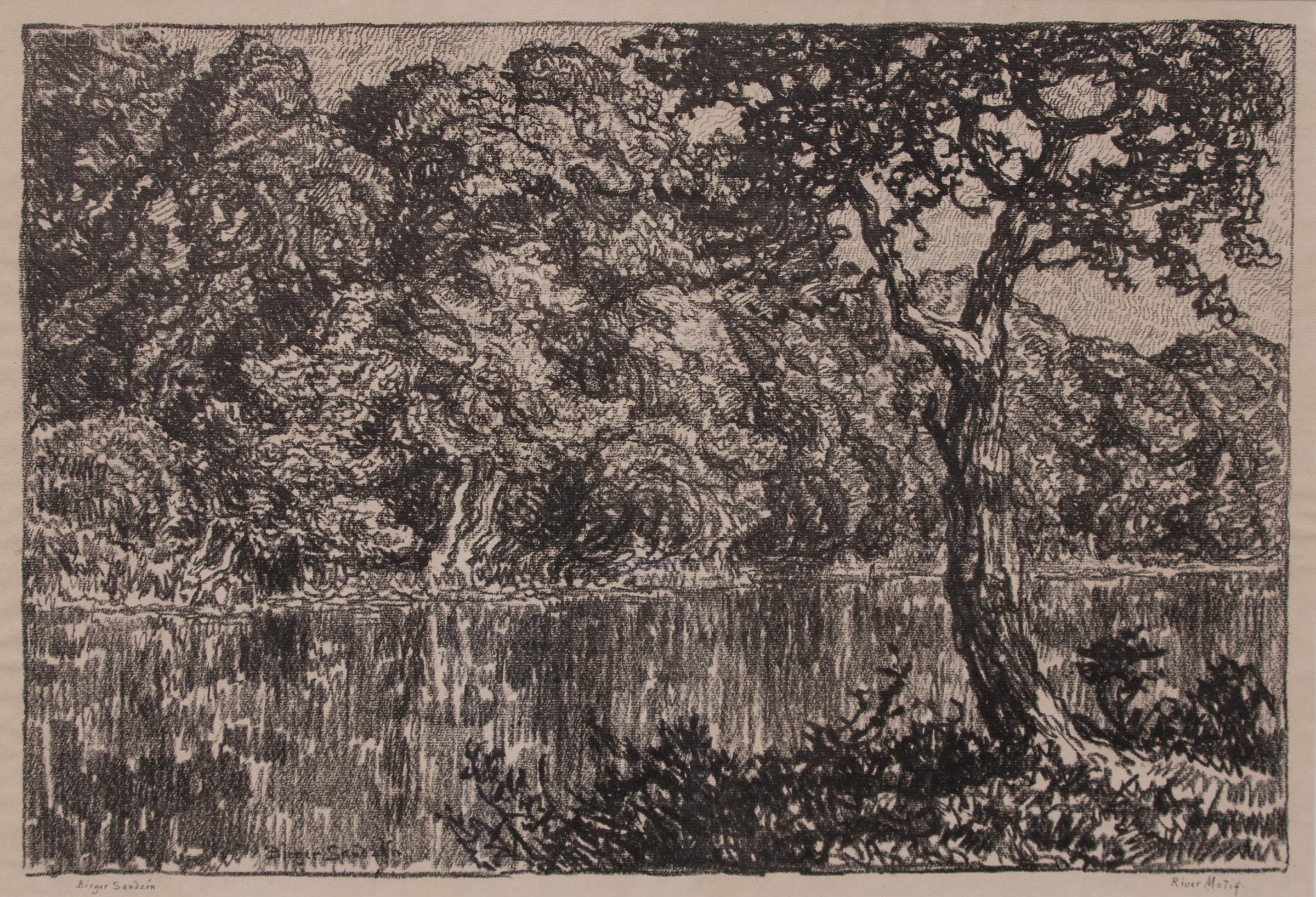 River Motif, 1918 Original Black and White Lithograph Kansas Landscape Trees - Print by Birger Sandzen
