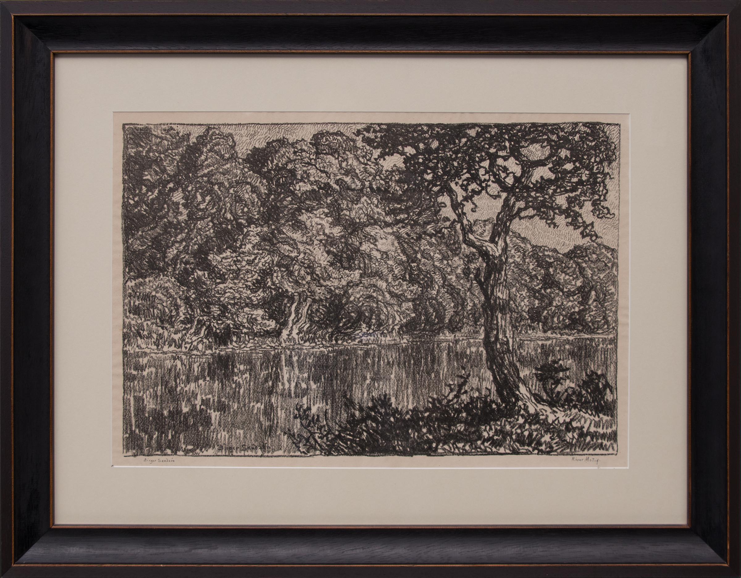 Birger Sandzen Landscape Print - River Motif, 1918 Original Black and White Lithograph Kansas Landscape Trees