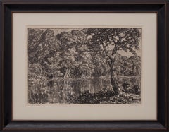 River Motif, 1918 Original Black and White Lithograph Kansas Landscape Trees