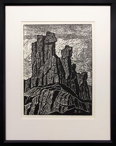 Antique The Temple of the Great Spirit (Colorado Landscape, 1922 Black & White Woodcut)