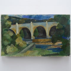 Mitte des 20. Jahrhunderts schwedischen Modernismus Flusslandschaft Bogen Brücke Öl Leinwand signiert