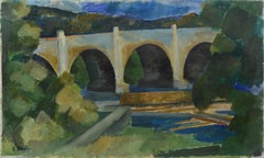 Mitte des 20. Jahrhunderts schwedischen Modernismus Flusslandschaft Bogen Brücke Öl Leinwand signiert