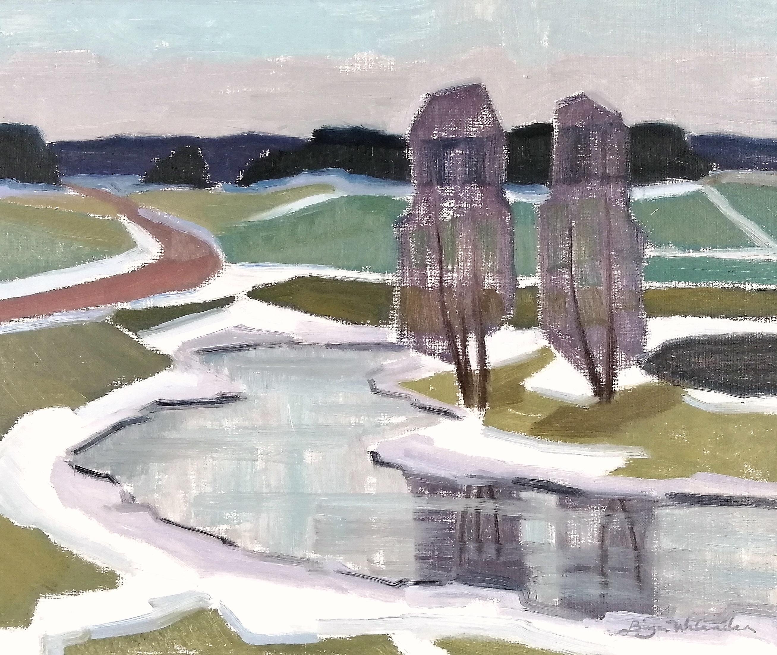 Landschaft mit zwei Bäumen - Mitte des 20. Jahrhunderts Modernes kubistisches schwedisches Ölgemälde – Painting von Birger Welander