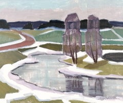 Landscape with Two Trees - Mid 20th Century Modern Cubist Swedish Oil Painting