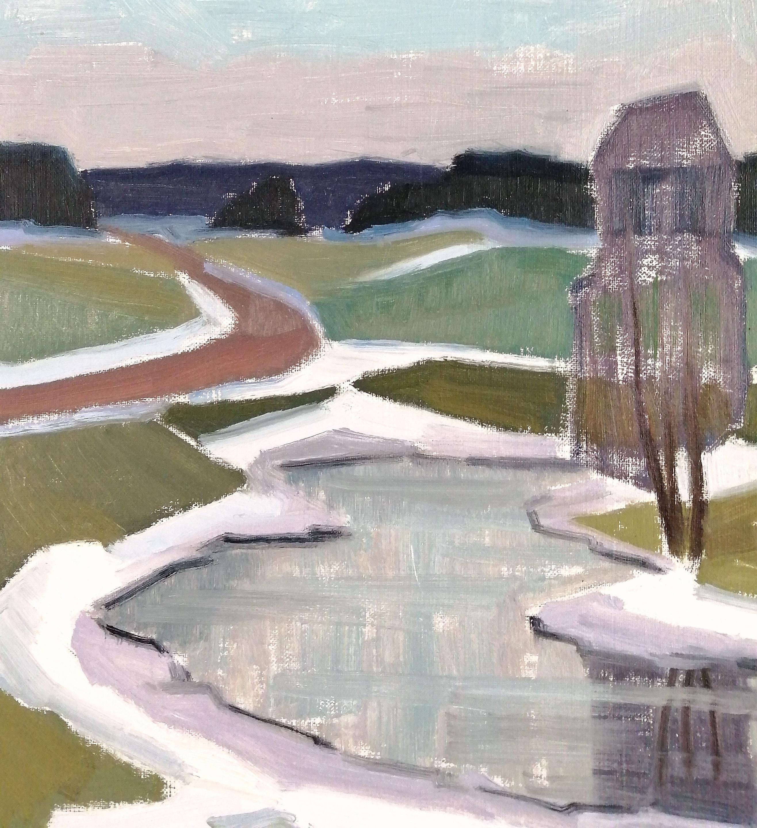 Landschaft mit zwei Bäumen - Mitte des 20. Jahrhunderts Modernes kubistisches schwedisches Ölgemälde (Beige), Landscape Painting, von Birger Welander