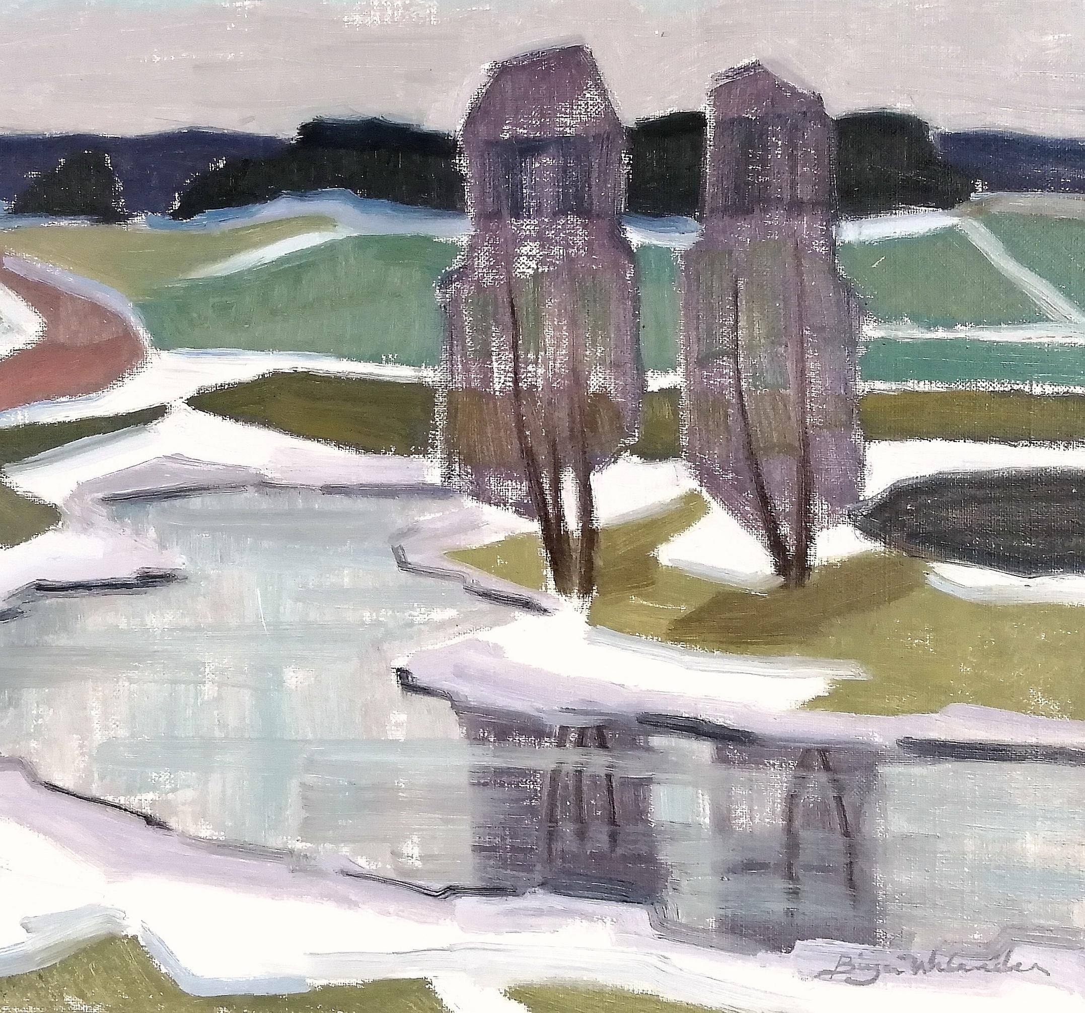 Landschaft mit zwei Bäumen - Mitte des 20. Jahrhunderts Modernes kubistisches schwedisches Ölgemälde im Angebot 1