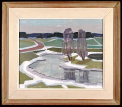 Landschaft mit zwei Bäumen - Mitte des 20. Jahrhunderts Modernes kubistisches schwedisches Ölgemälde