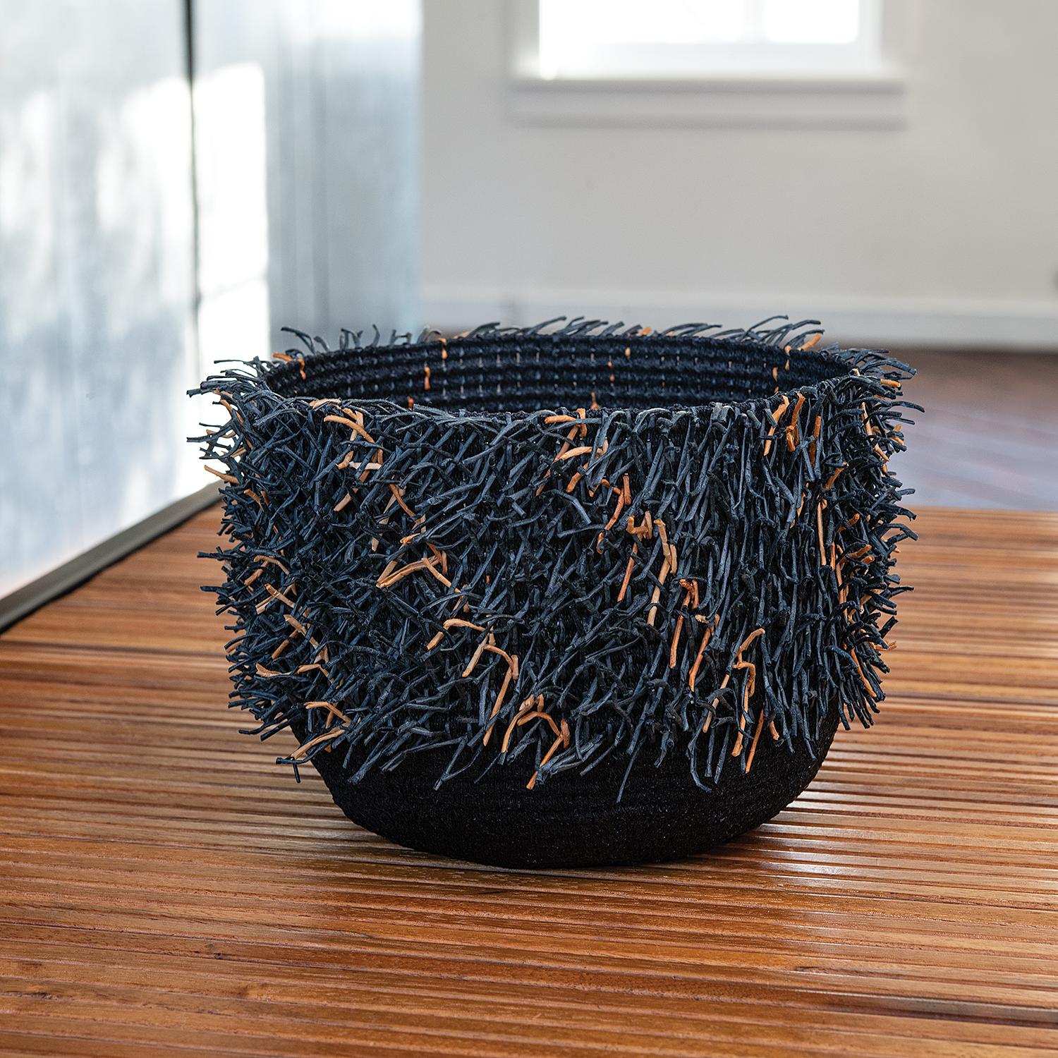 Woven Rya Basket #10-18, woven basket sculpture by Danish artist Birgit Birkkjær For Sale 3