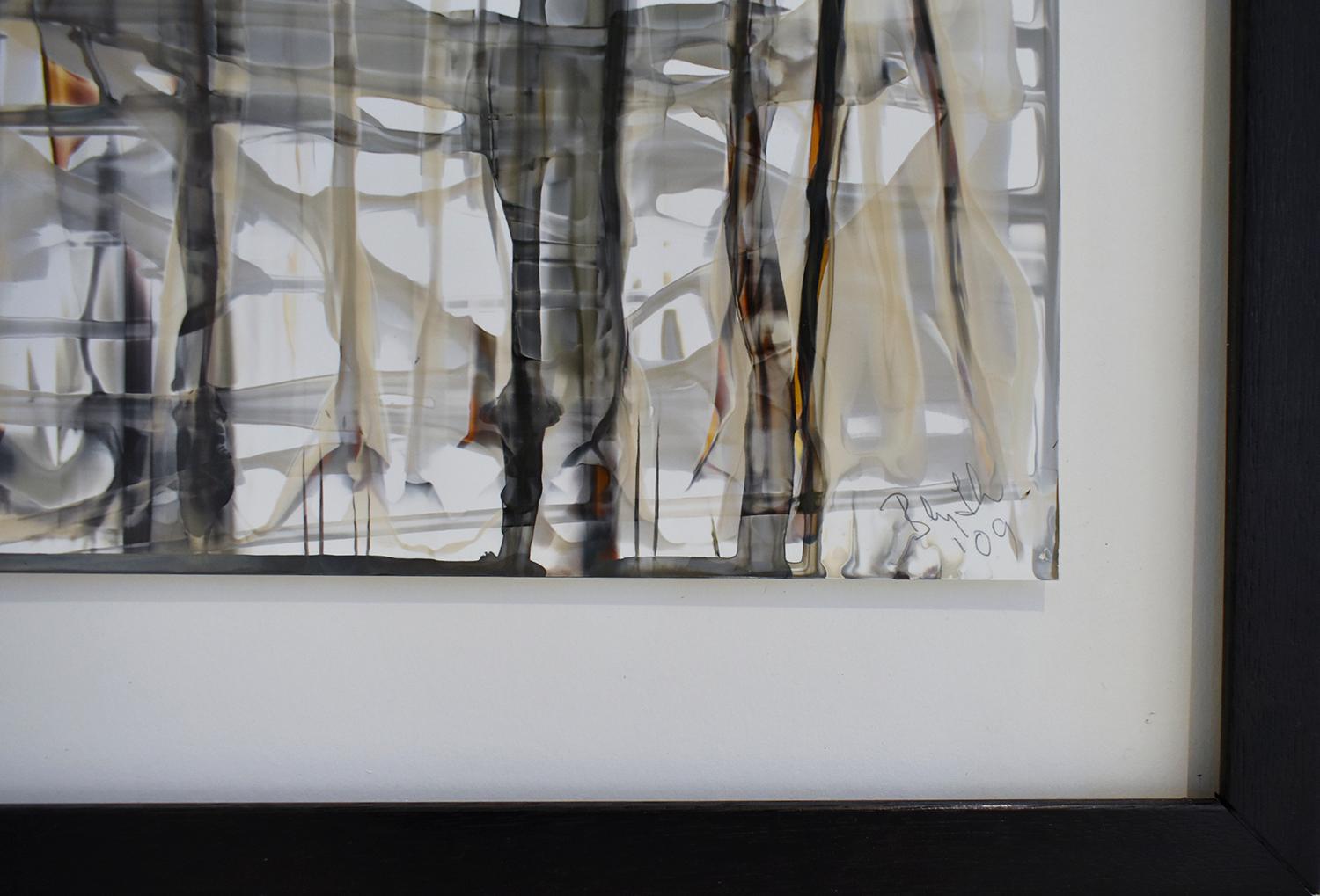 Grid. Zeitgenössische gerahmte, gestische Gittermotivmalerei in neutralem Ton, Nr. 6 (Grau), Abstract Painting, von Birgit Blyth
