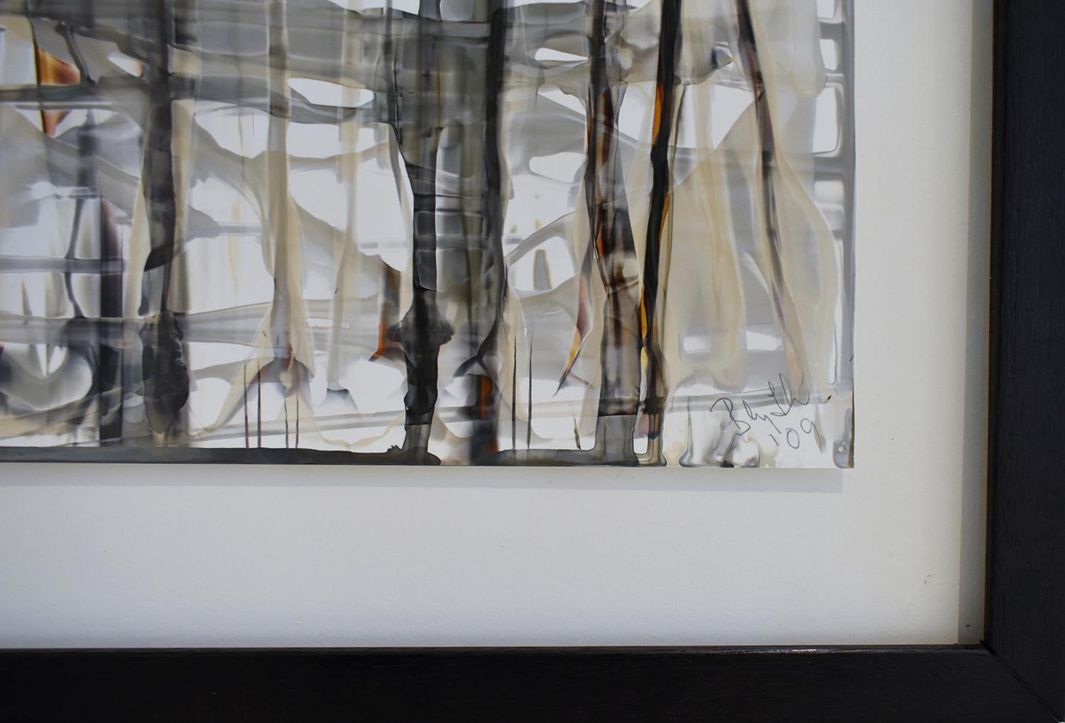 Rejilla. No 6 (Pintura contemporánea enmarcada con motivos de entramado gestual en tono neutro) - Abstract Painting Gris de Birgit Blyth