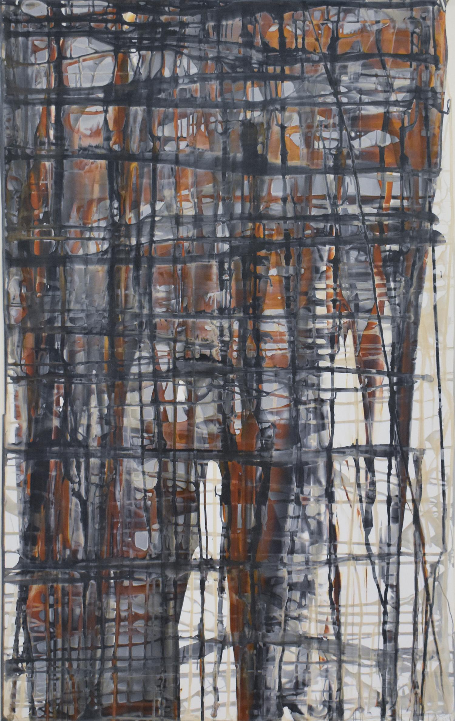 Abstract Painting Birgit Blyth - Gris généreux. No 6 (peinture contemporaine encadrée à motif de treillis gestuel dans un ton neutre)