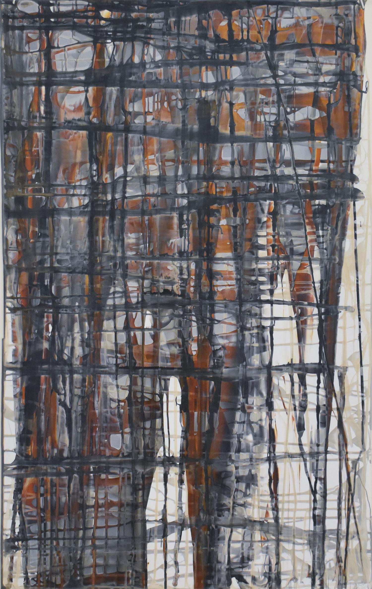 Rejilla. No 6 (Pintura contemporánea enmarcada con motivos de entramado gestual en tono neutro)