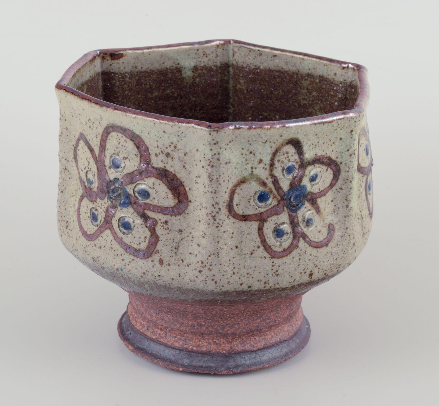 Swedish Birgit Krog, Danish ceramist. Hexagonal ceramic vase in raku technique. For Sale