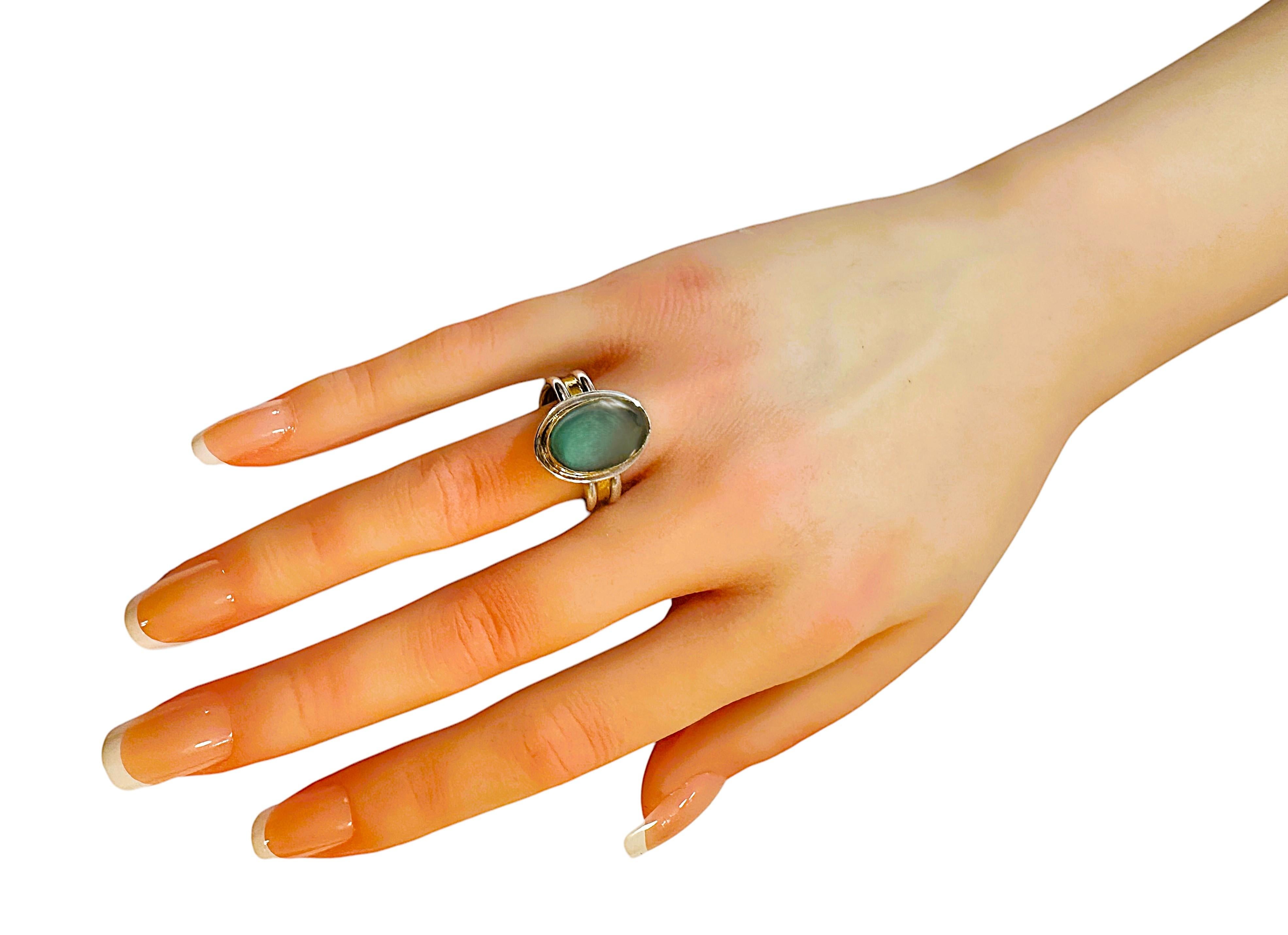 Cabochon Designer Birgit Kupke-Peyla 22 ct Yellow Gold & Sterling Greenish Moonstone Ring For Sale