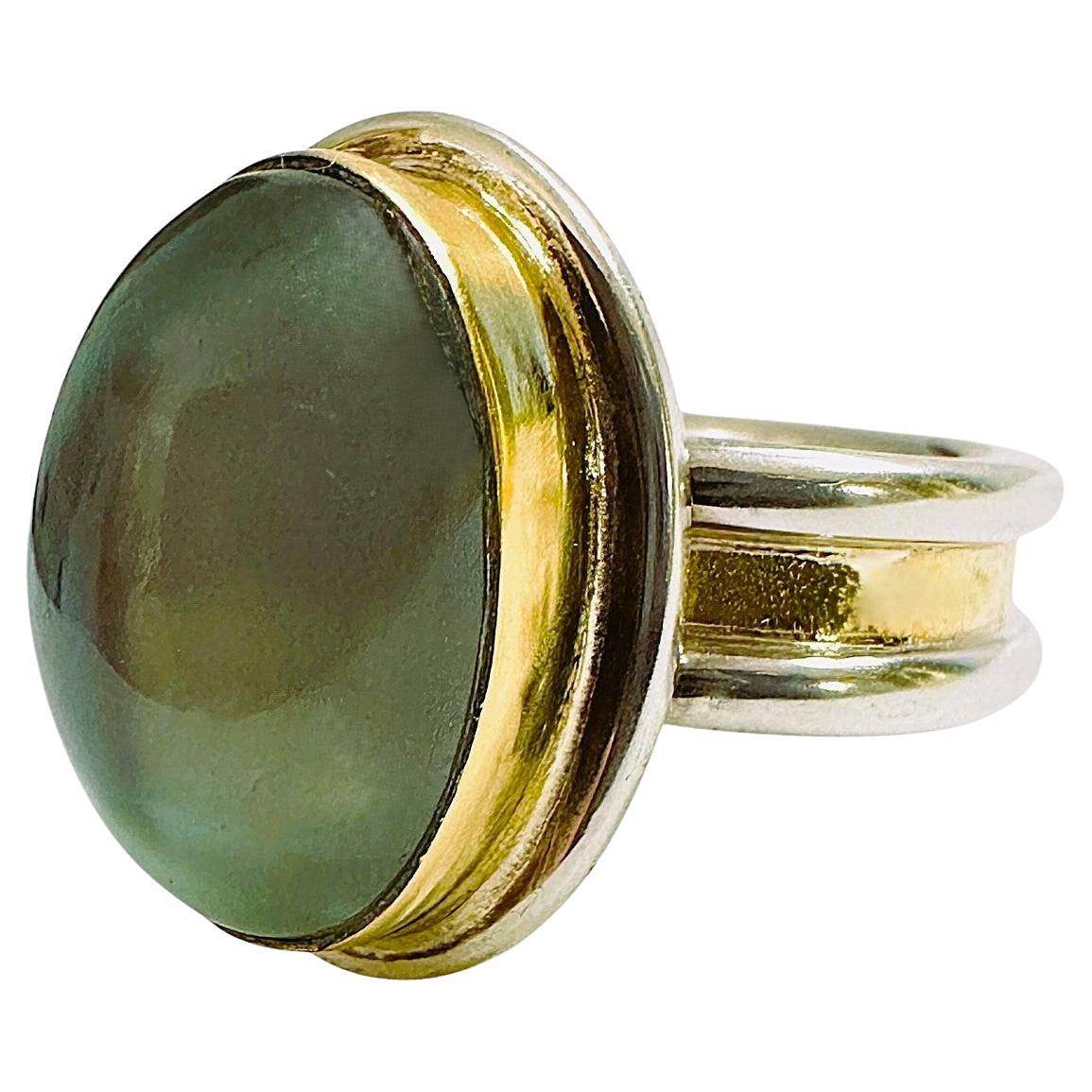 Designer Birgit Kupke-Peyla 22 ct Yellow Gold & Sterling Greenish Moonstone Ring For Sale
