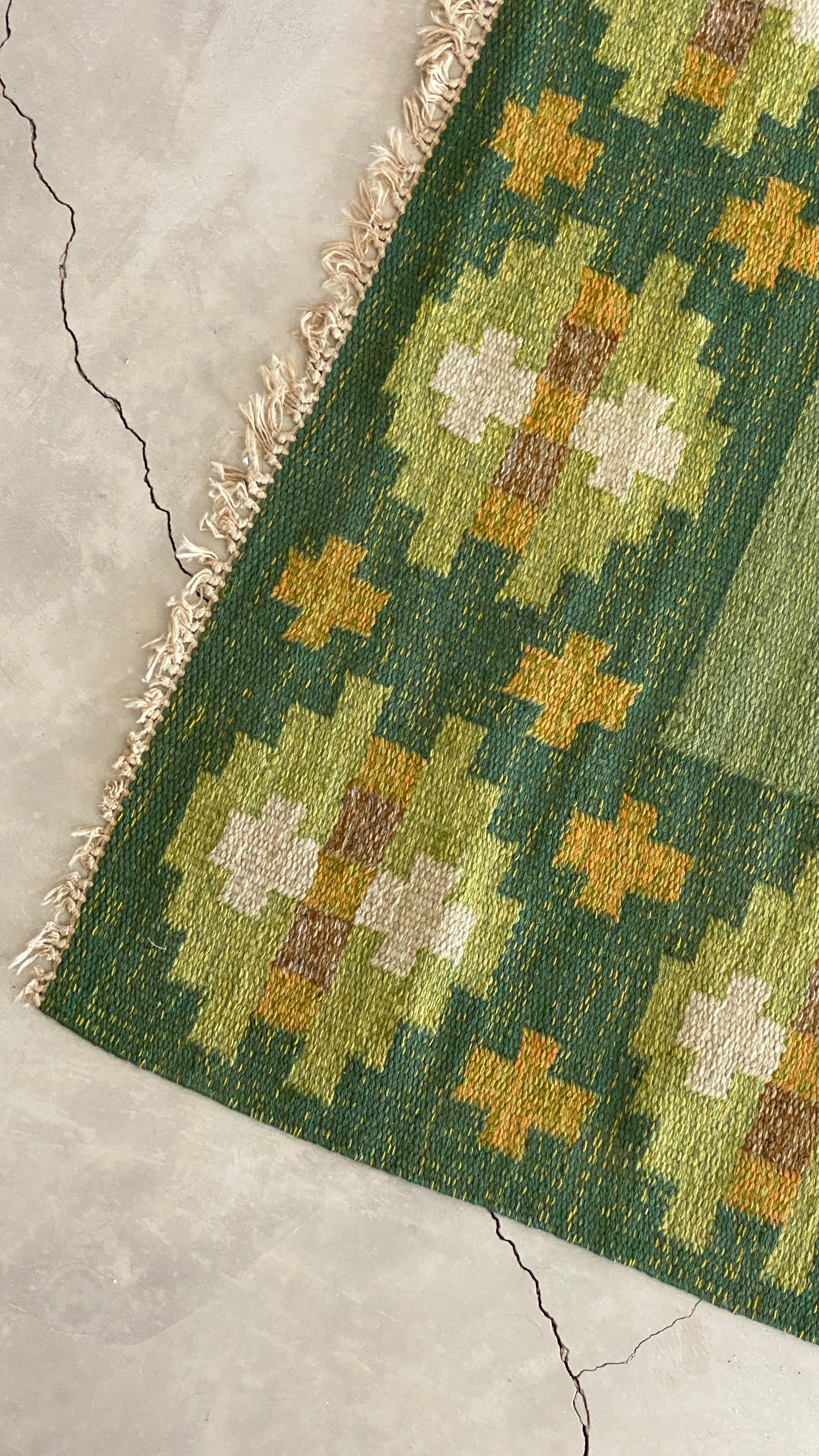 Birgitta Sdergren, signierter Flachgewebe-Teppich, grün getönte Wolle, Schweden, 1950er Jahre (Schwedisch)