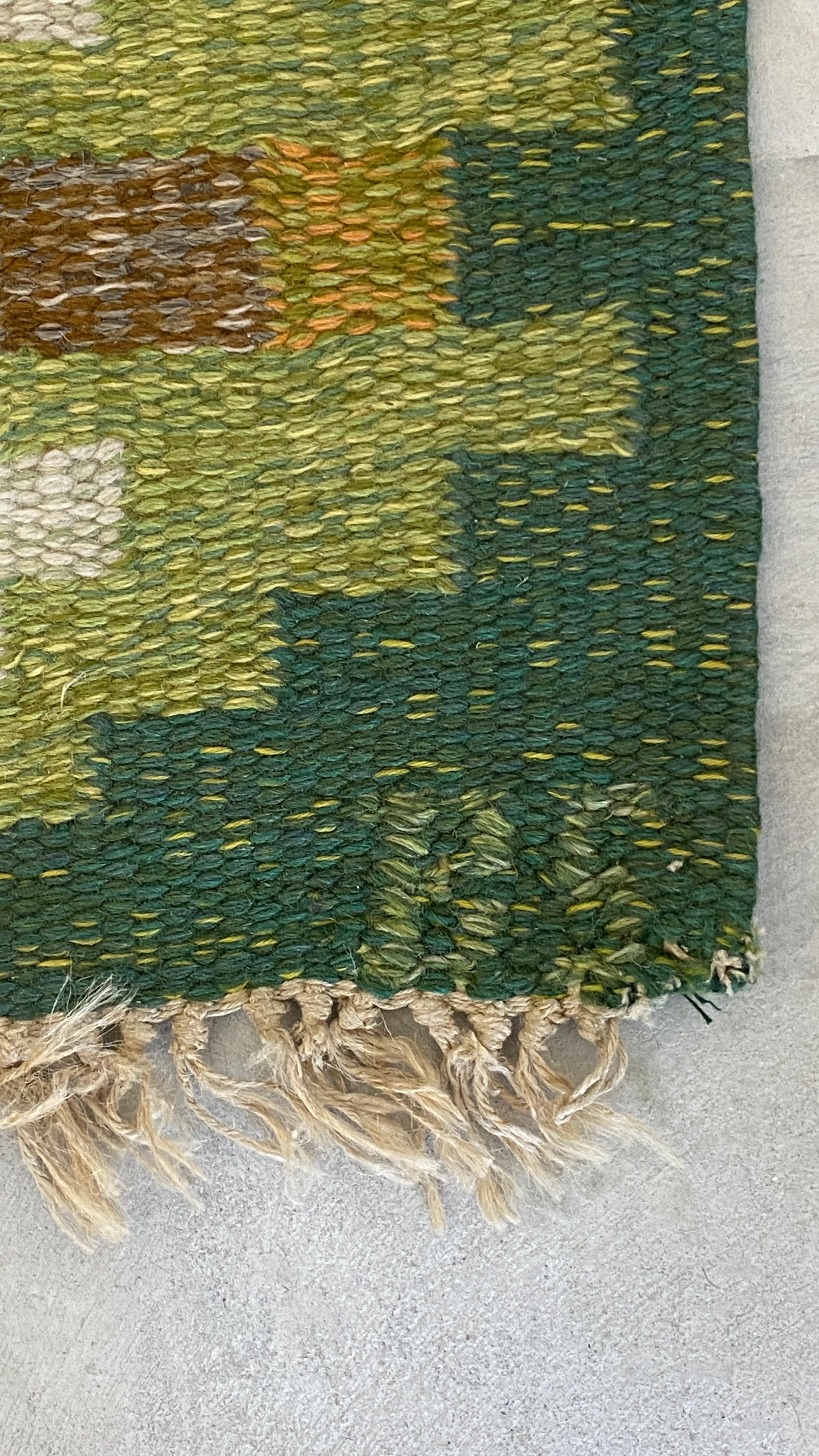 Scandinavian Modern Birgitta Södergren, Signed Flat-Weave Carpet, Green-Dyed Wool, Sweden, 1950s For Sale