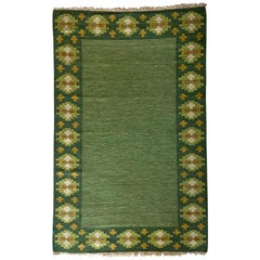 Birgitta Södergren, Signed Flat-Weave Carpet, Green-Dyed Wool, Sweden, 1950s