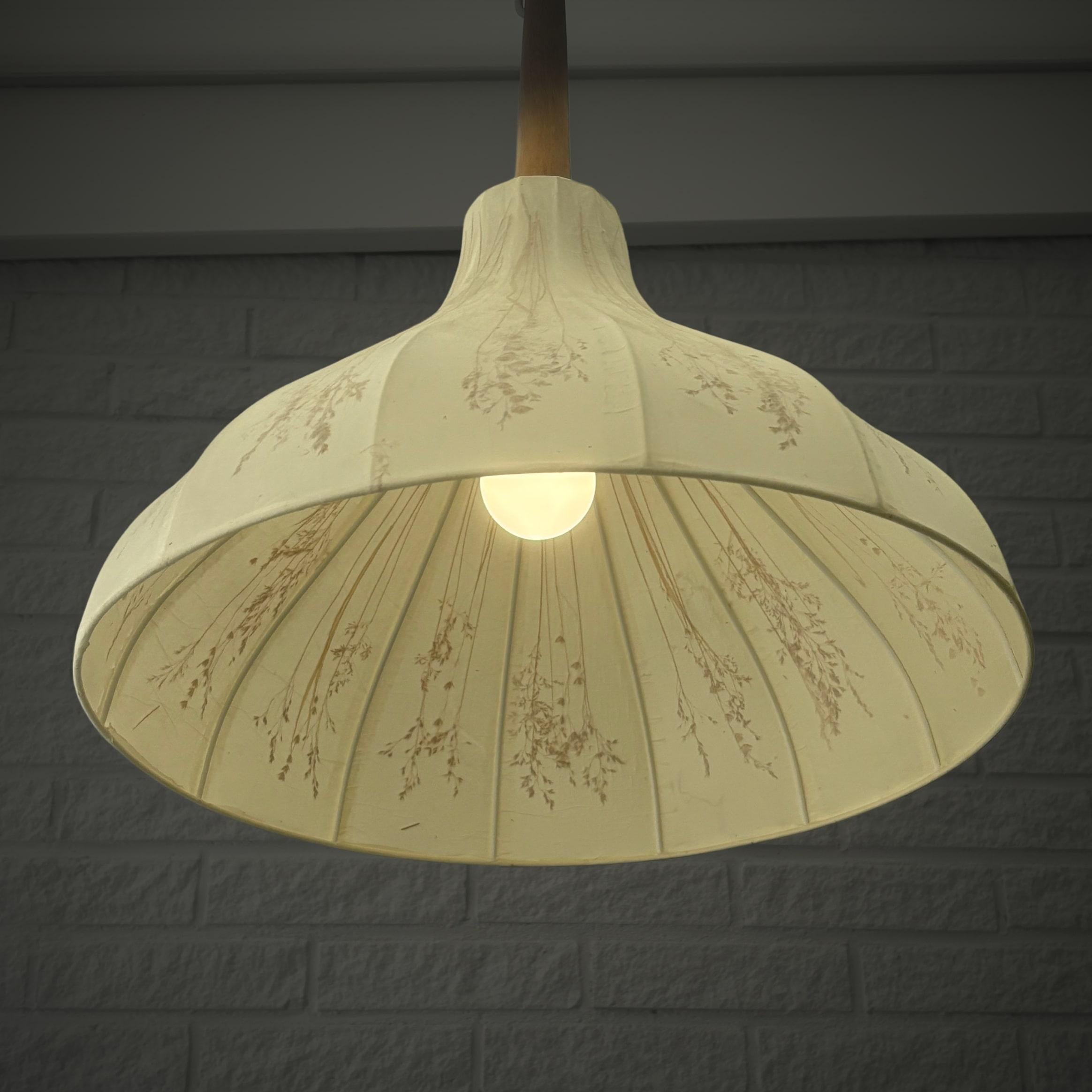 Hand-Crafted Birgitta Sorbon Malmsten pendant lamp Kjolen, parchment & oak, Sweden, 1950s For Sale