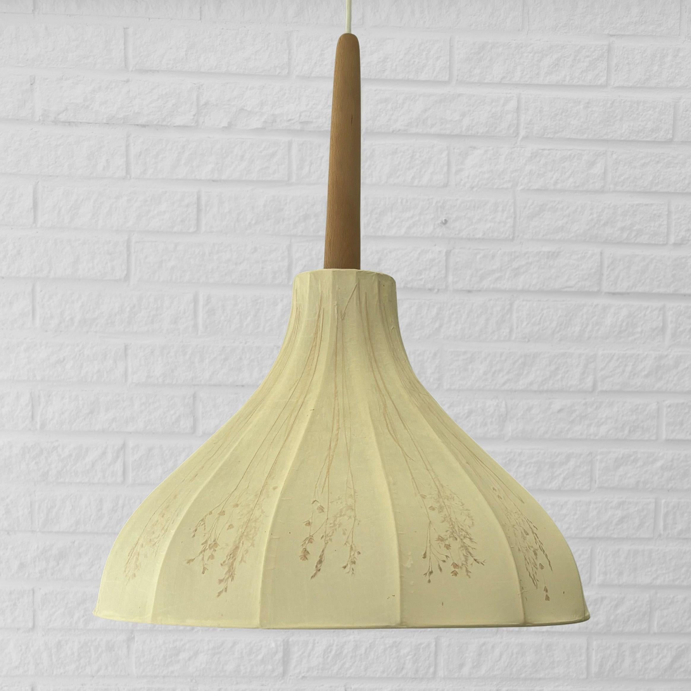 Mid-20th Century Birgitta Sorbon Malmsten pendant lamp Kjolen, parchment & oak, Sweden, 1950s For Sale