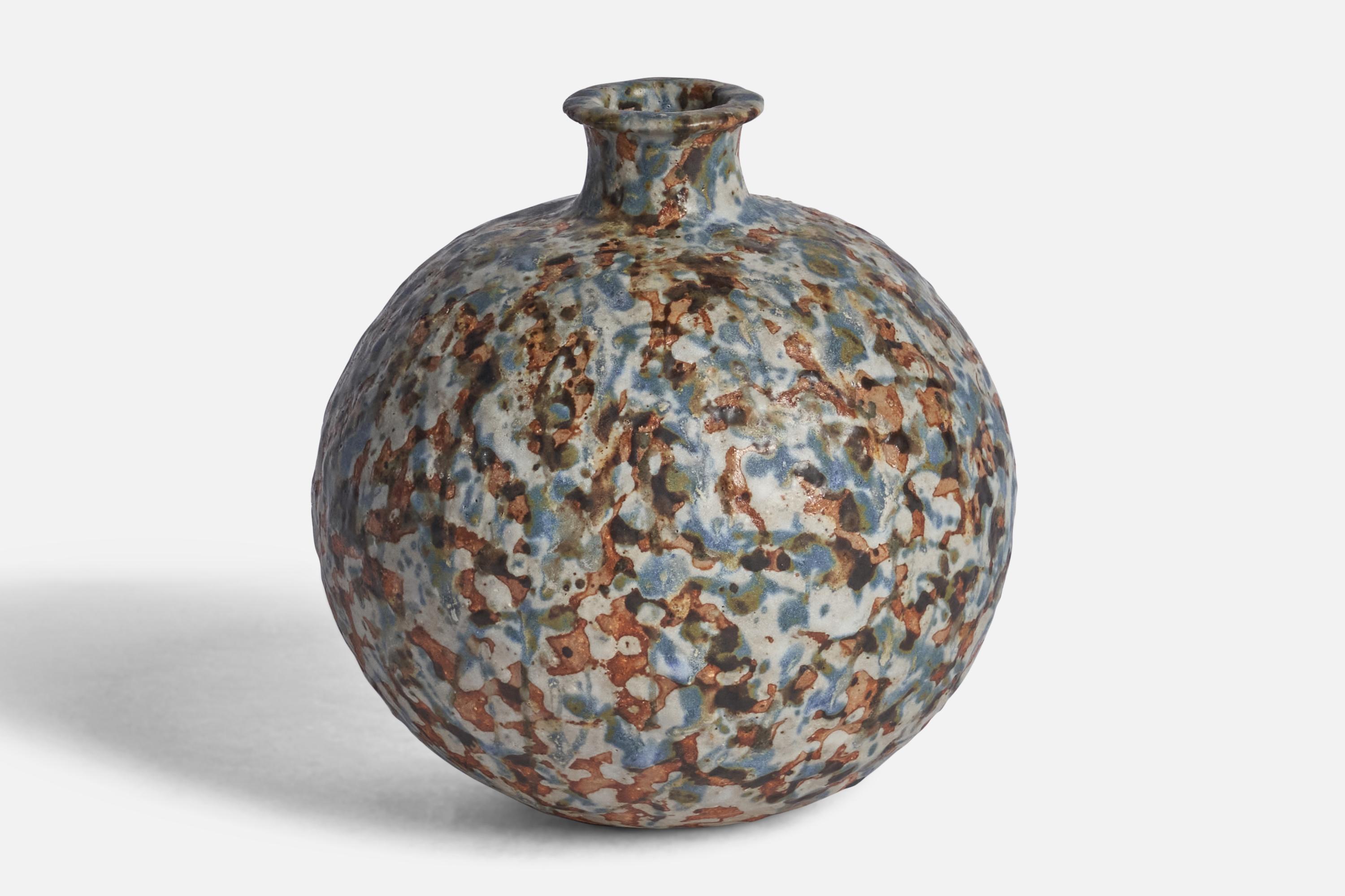 A blue white and brown-glazed stoneware vase designed and produced by Birgitta Tilander, Rapallo, Italy, c. 1970s
“Birgitta tillander” on bottom