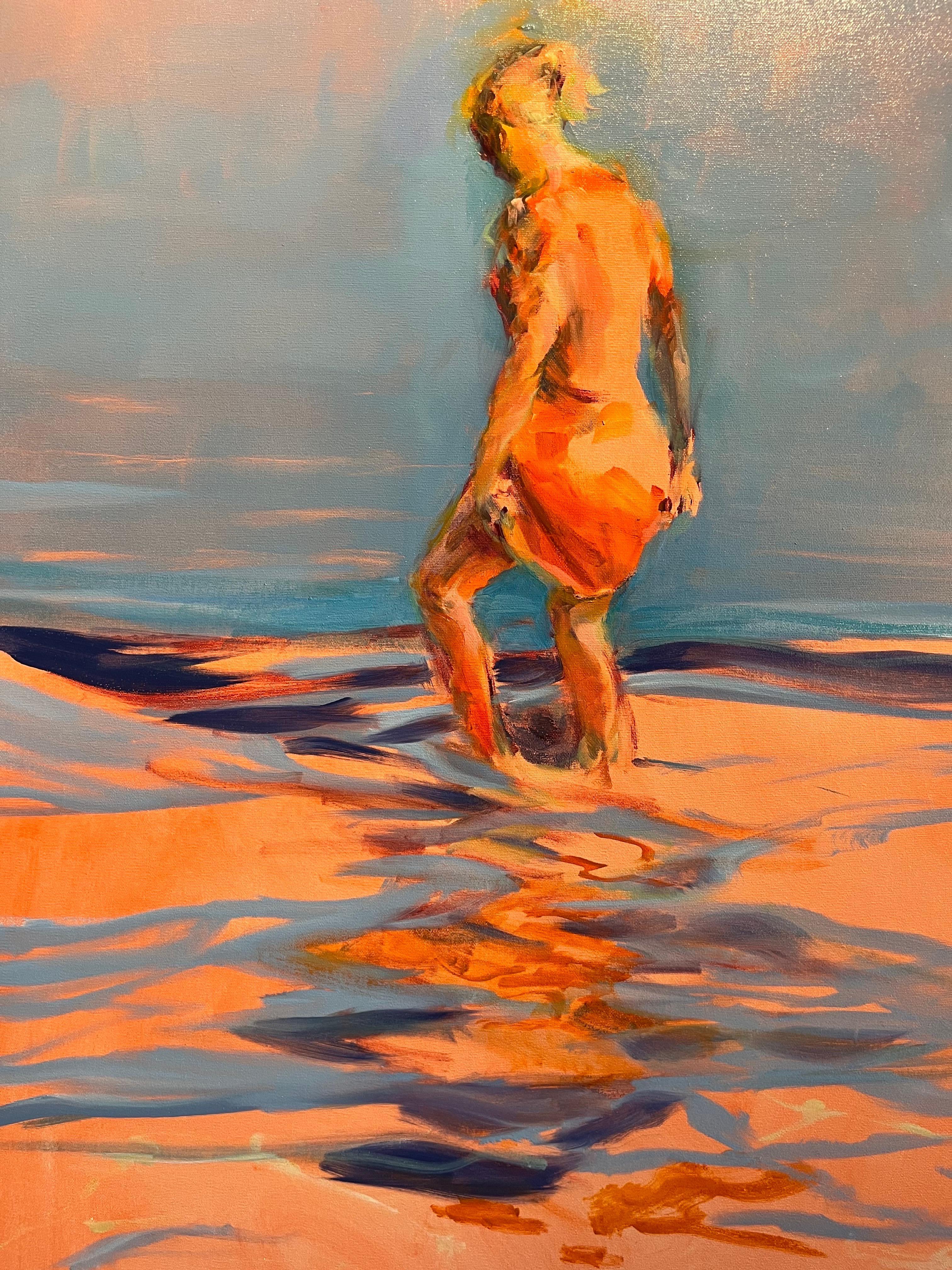 Woman walk in the water at low tide, sunset colors, orange pinks, turquoise sky

Birgitte LYKKE MADSEN (Odense, Denmark, 1960)

1981-86, Educated from the Academy of Fine Arts, Odense
First solo exhibition in 1983

Artist statement:

“I am a