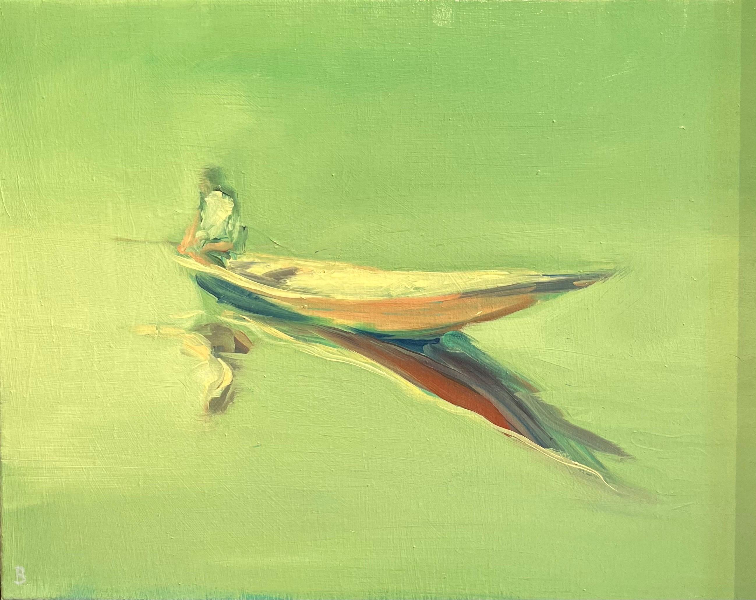 Birgitte Likke Madsen Figurative Painting - "boat in quiet sea "   oil cm. 50 x 40 2016