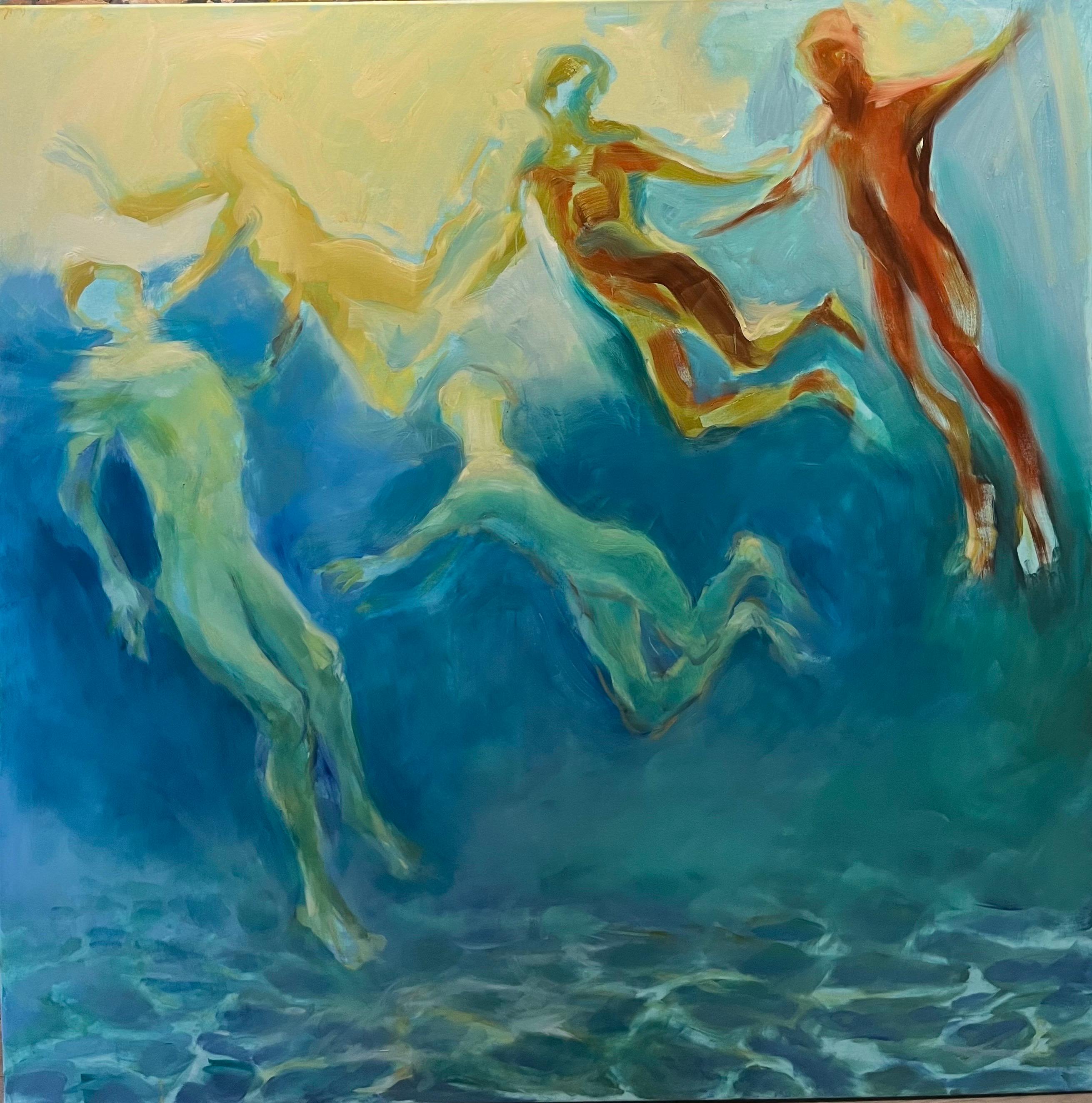 Birgitte Likke Madsen Figurative Painting - "Galleggiare" Nuotatori olio cm. 140 x 140 