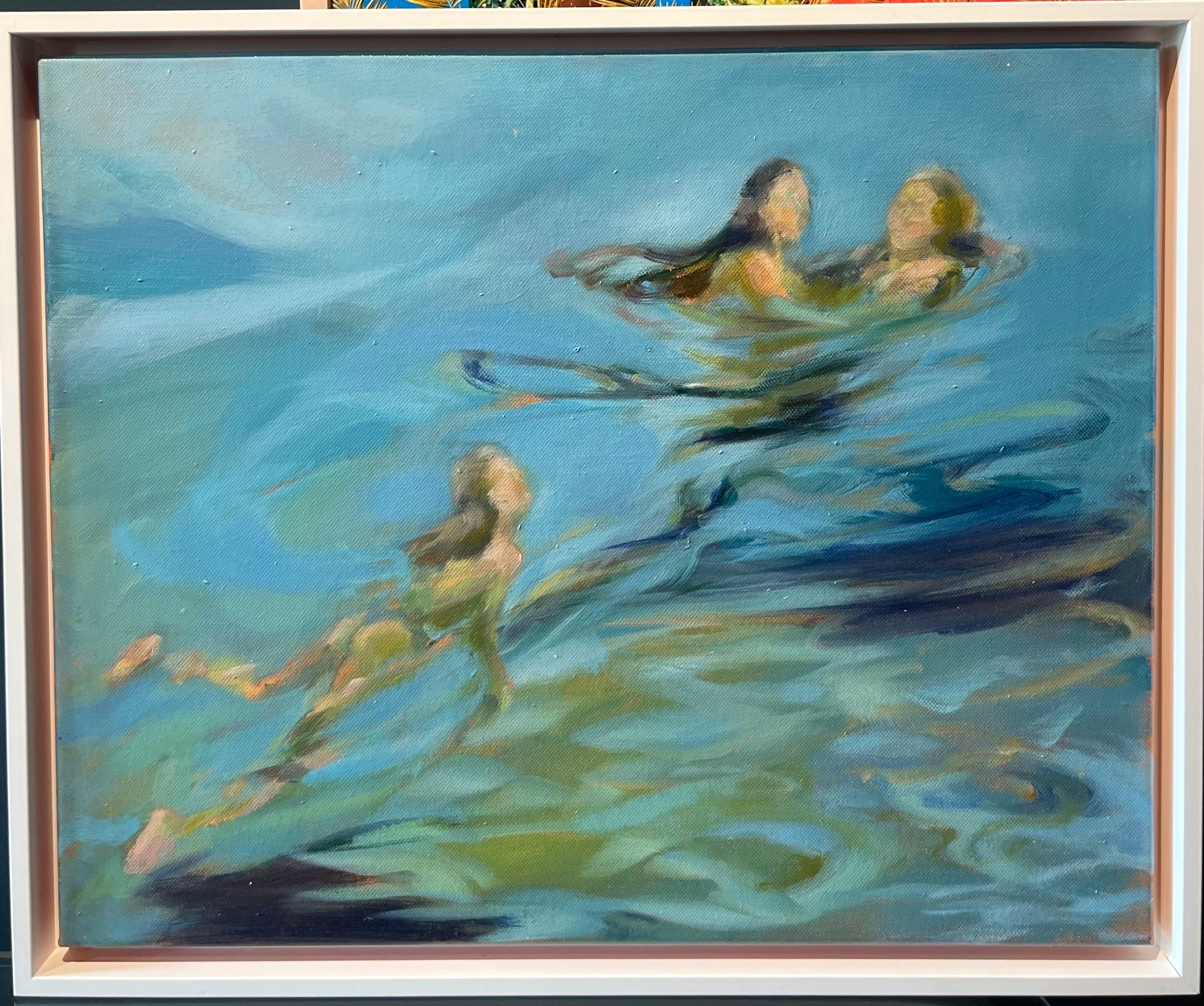 Birgitte Likke Madsen Figurative Painting - "Movements in the water" Oil cm. 55 x 45 2022 Water, Swimmers, blue, light blue