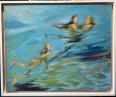 "Movements in the water" Oil cm. 55 x 45 2022 Water, Swimmers, blue, light blue