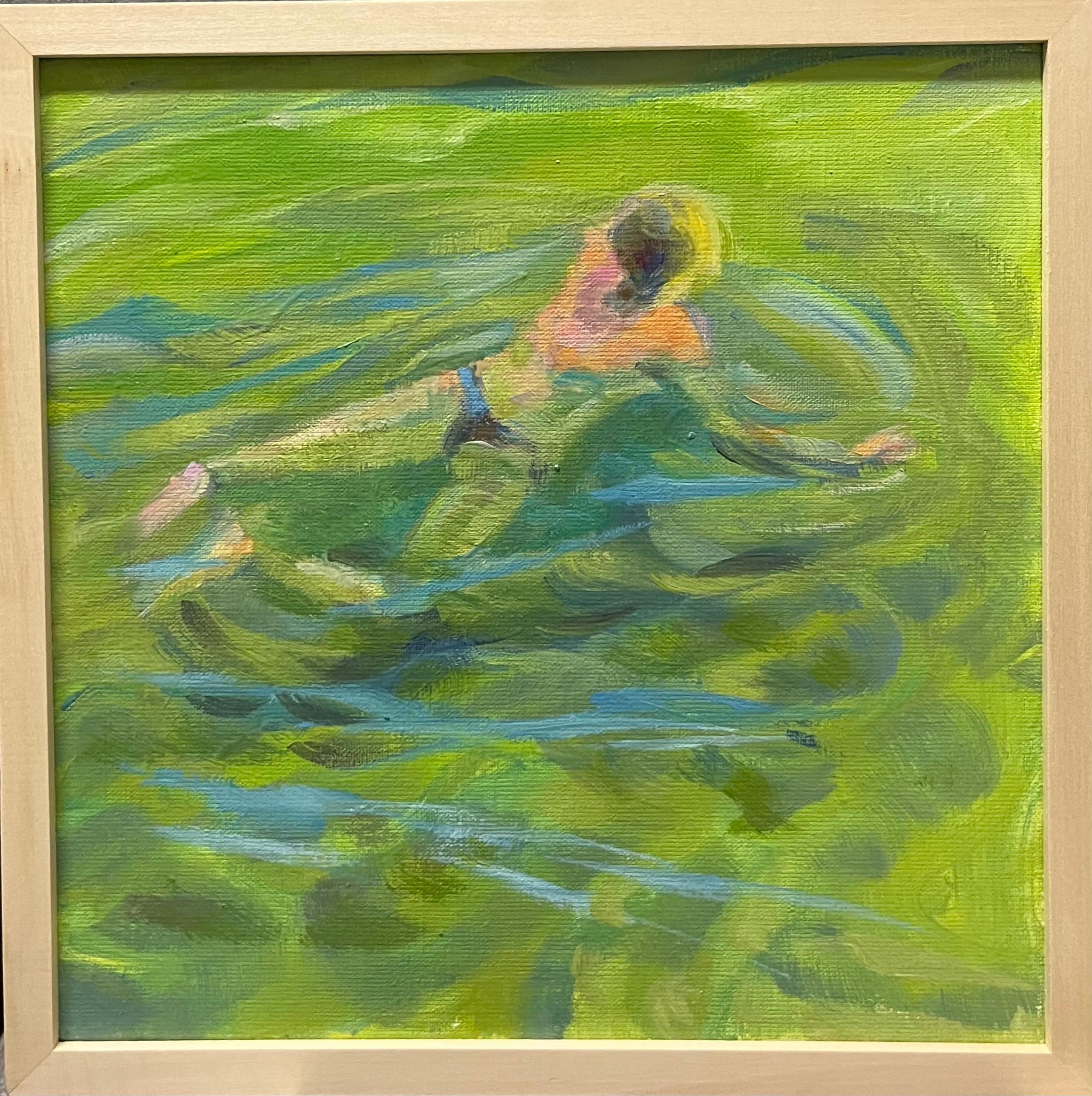 Birgitte Likke Madsen Figurative Painting - "Nuotatrice" Olio su tela cm. 30 x 30