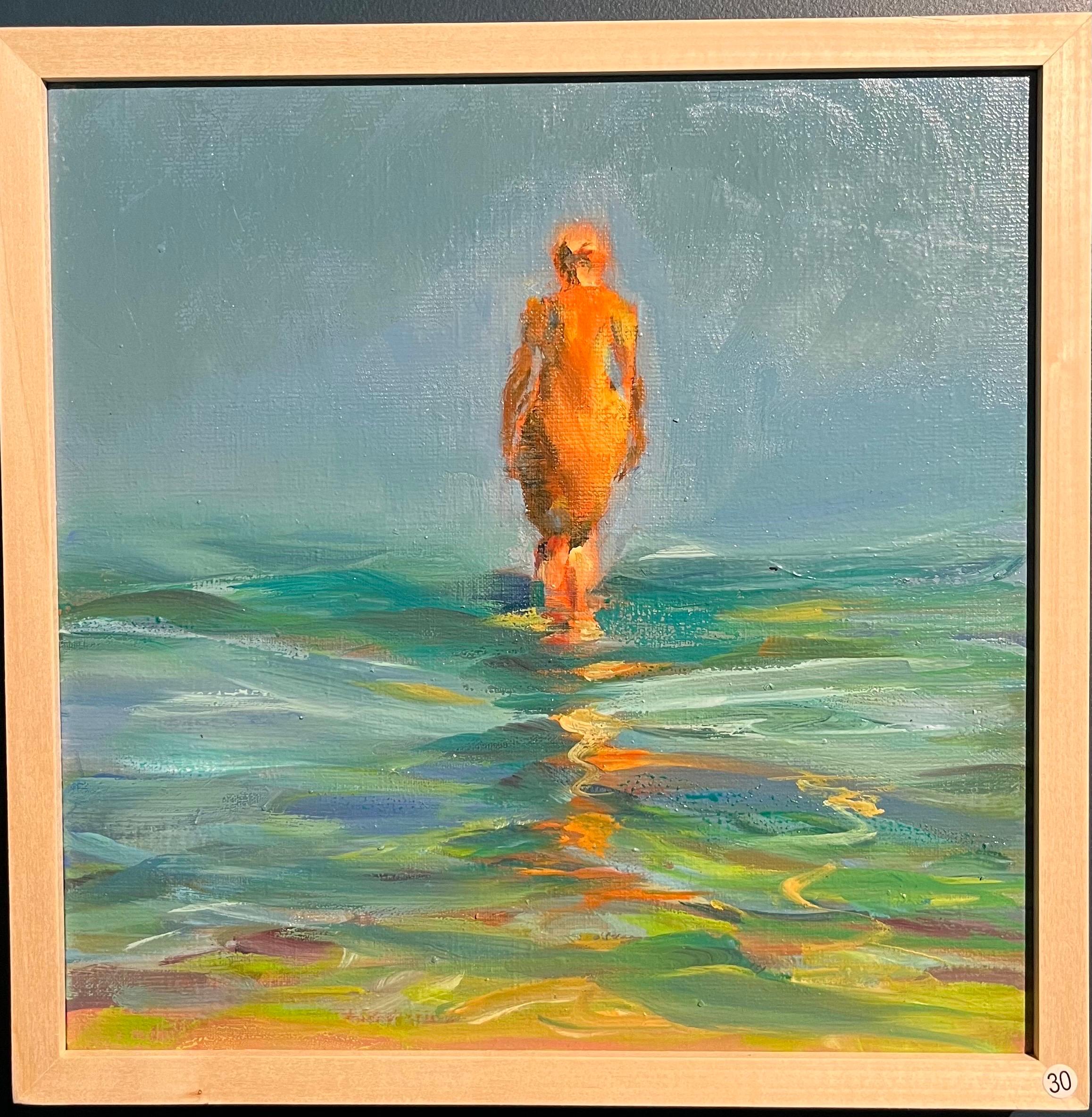 Birgitte Likke Madsen Figurative Painting - "Passeggiata con la bassa marea "  Olio cm. 30 x 30  