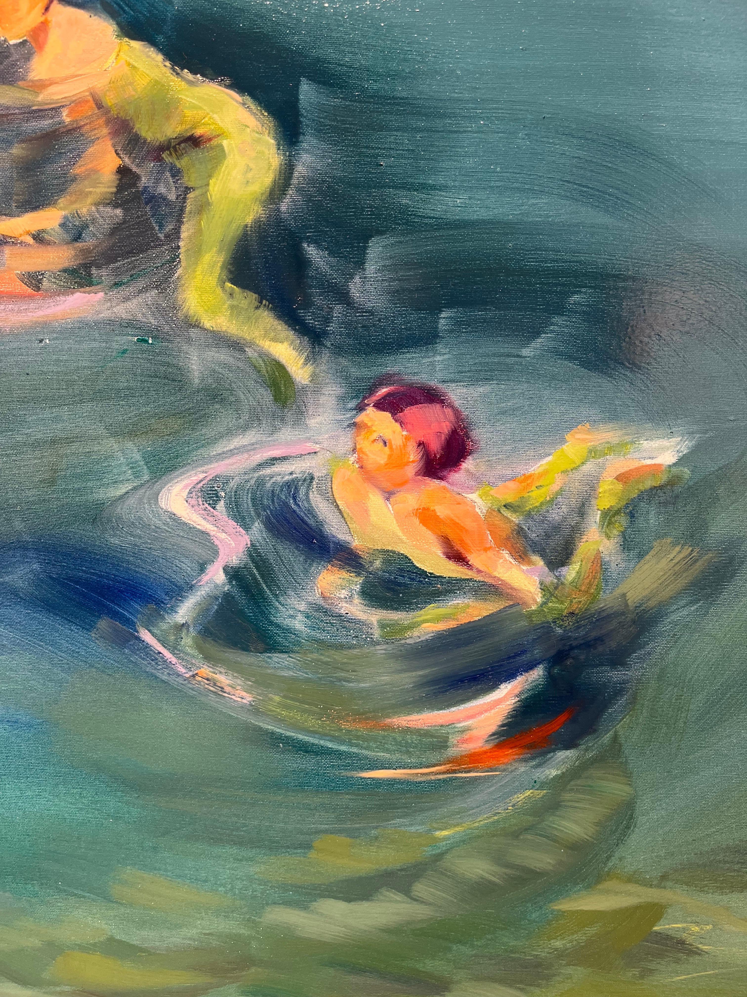„Swimmers“ Öl auf Karvanen cm. 100 x 100 – Painting von Birgitte Likke Madsen