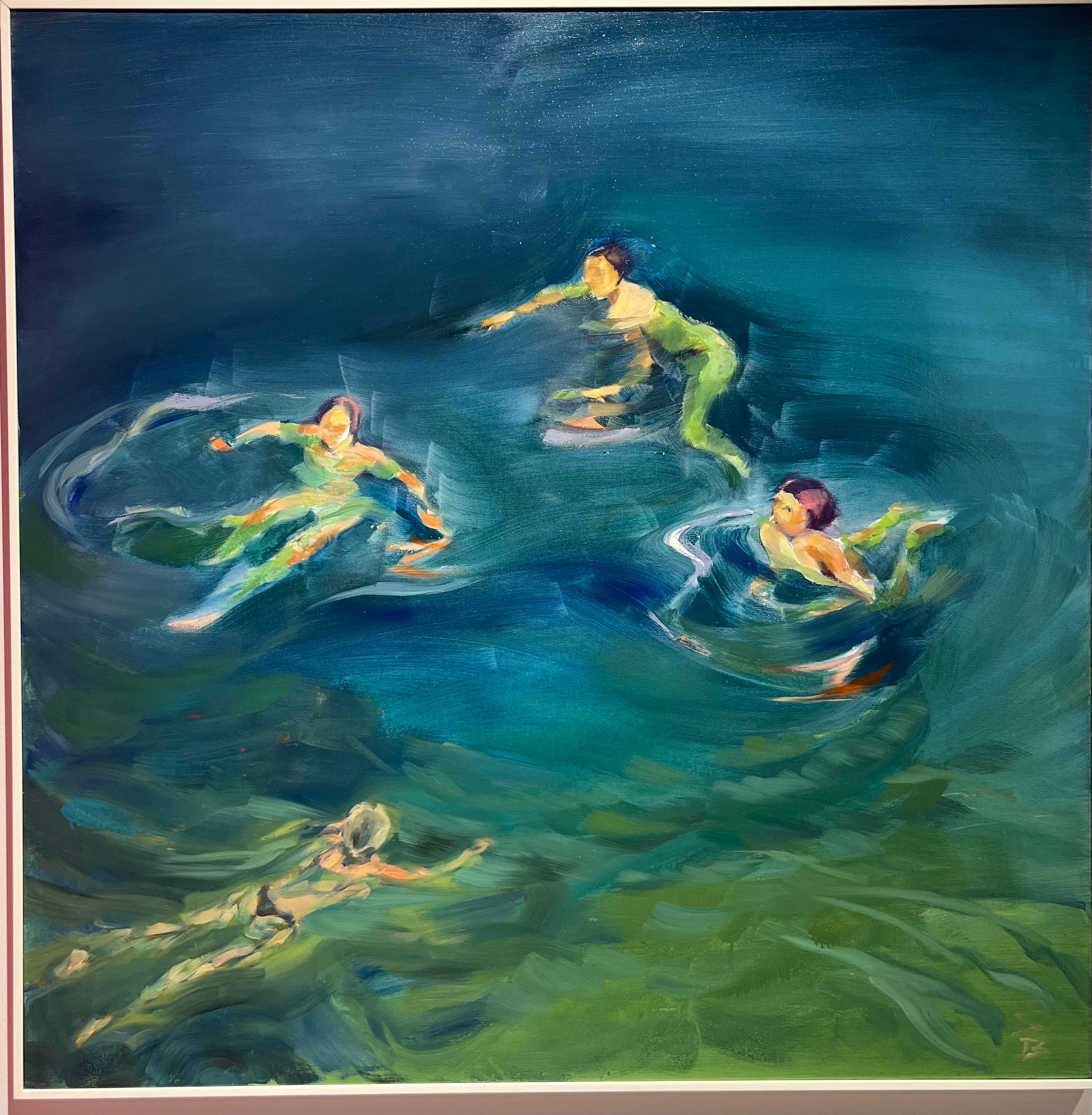 Birgitte Likke Madsen Figurative Painting – „Swimmers“ Öl auf Karvanen cm. 100 x 100