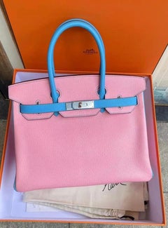 Birkin 30 Rose Confetti Bleu Azteque Chevre Bi-Color Horseshoe Bag
