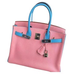 Birkin 30 Rose Confetti Bleu Azteque Chevre Bi-Color Horseshoe Bag