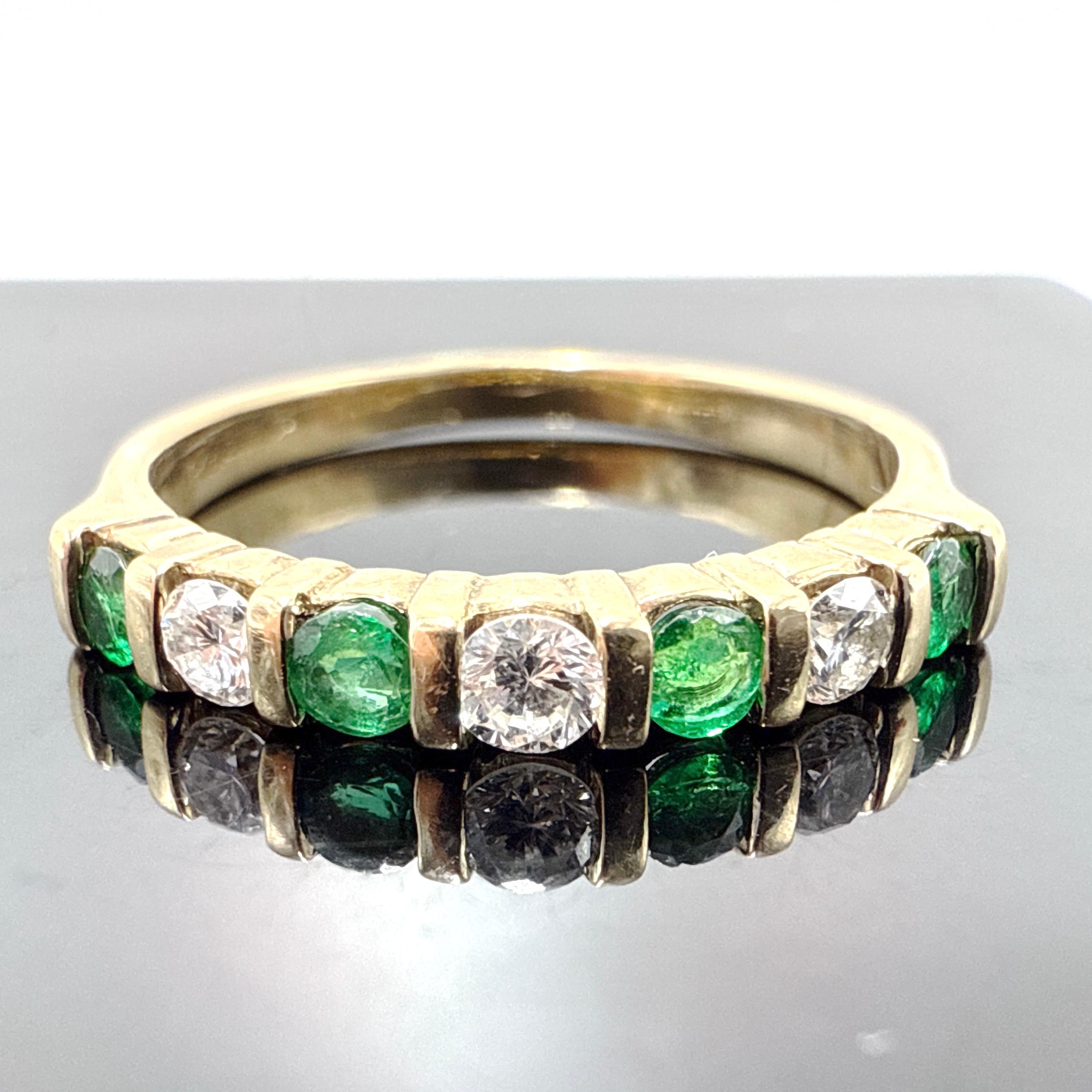 Round Cut BIRKS 14K Yellow Gold Emerald and Diamond 7-Stone Ring 0.40TCW