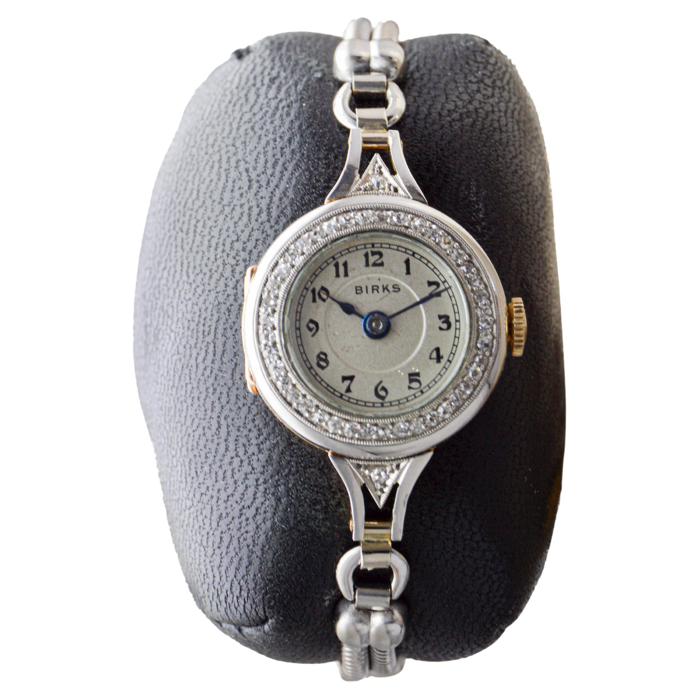 Reloj Birks de oro blanco macizo de 14 quilates para señora Art Decó de dos tonos circa años 20